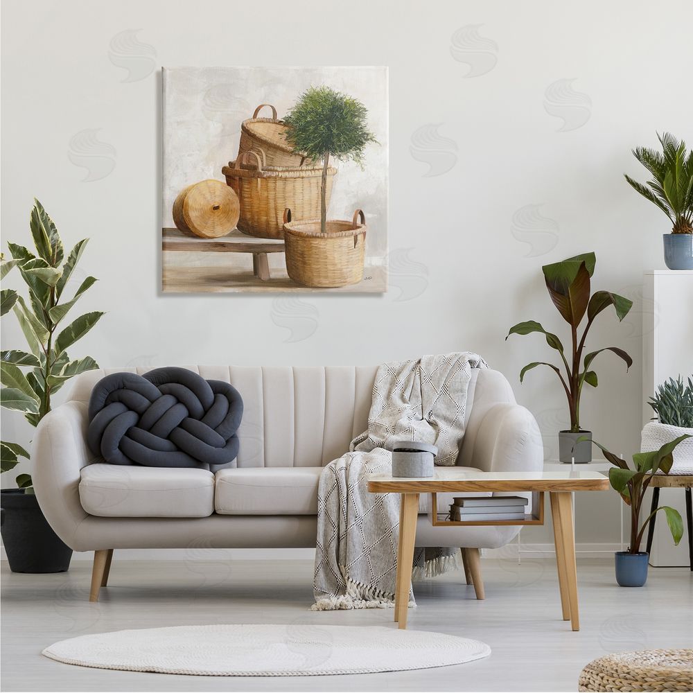 Julia Purinton Traditional Whicker Baskets Stacked Still Life Painting Canvas Wall Art in Room