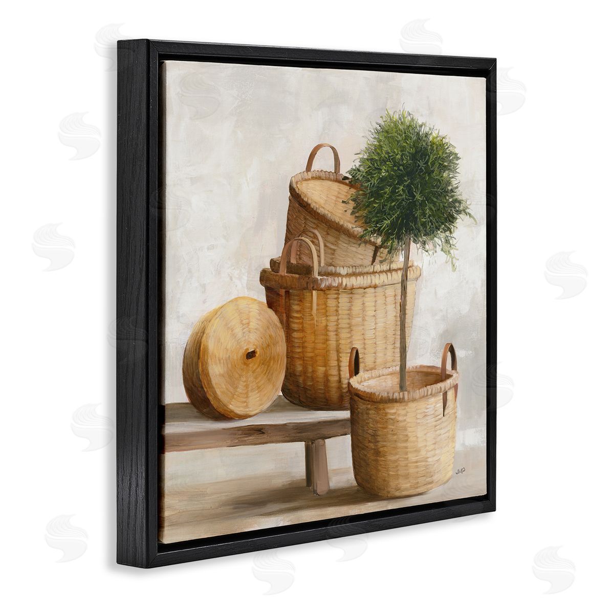 Julia Purinton Traditional Whicker Baskets Stacked Still Life Painting Black Floating Frame Canvas Wall Art Print