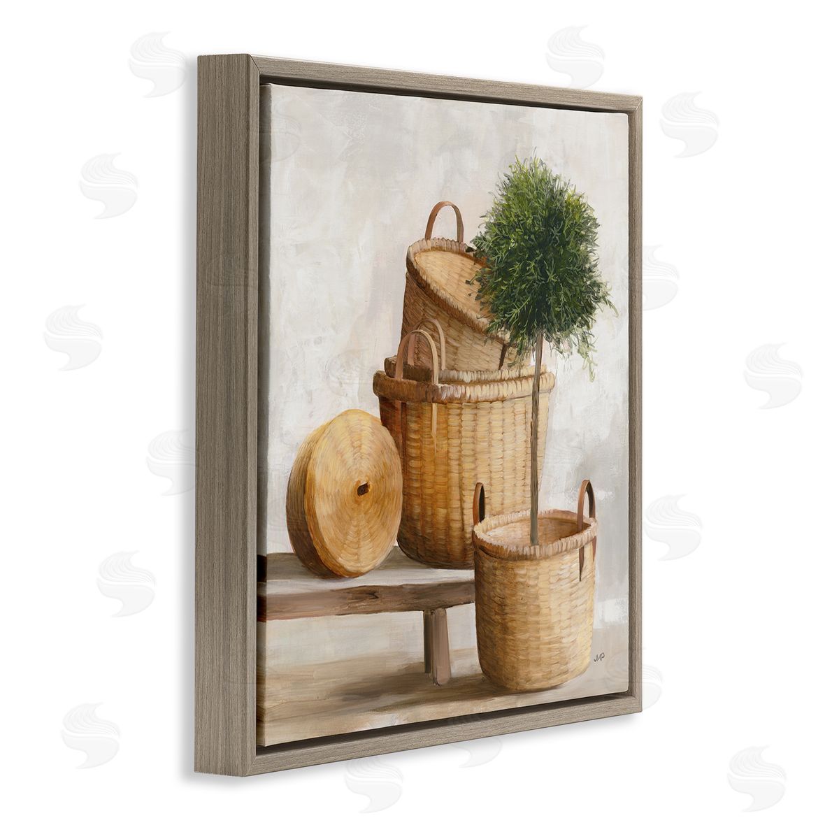 Julia Purinton Traditional Whicker Baskets Stacked Still Life Painting Brown Floating Frame Canvas Wall Art Print