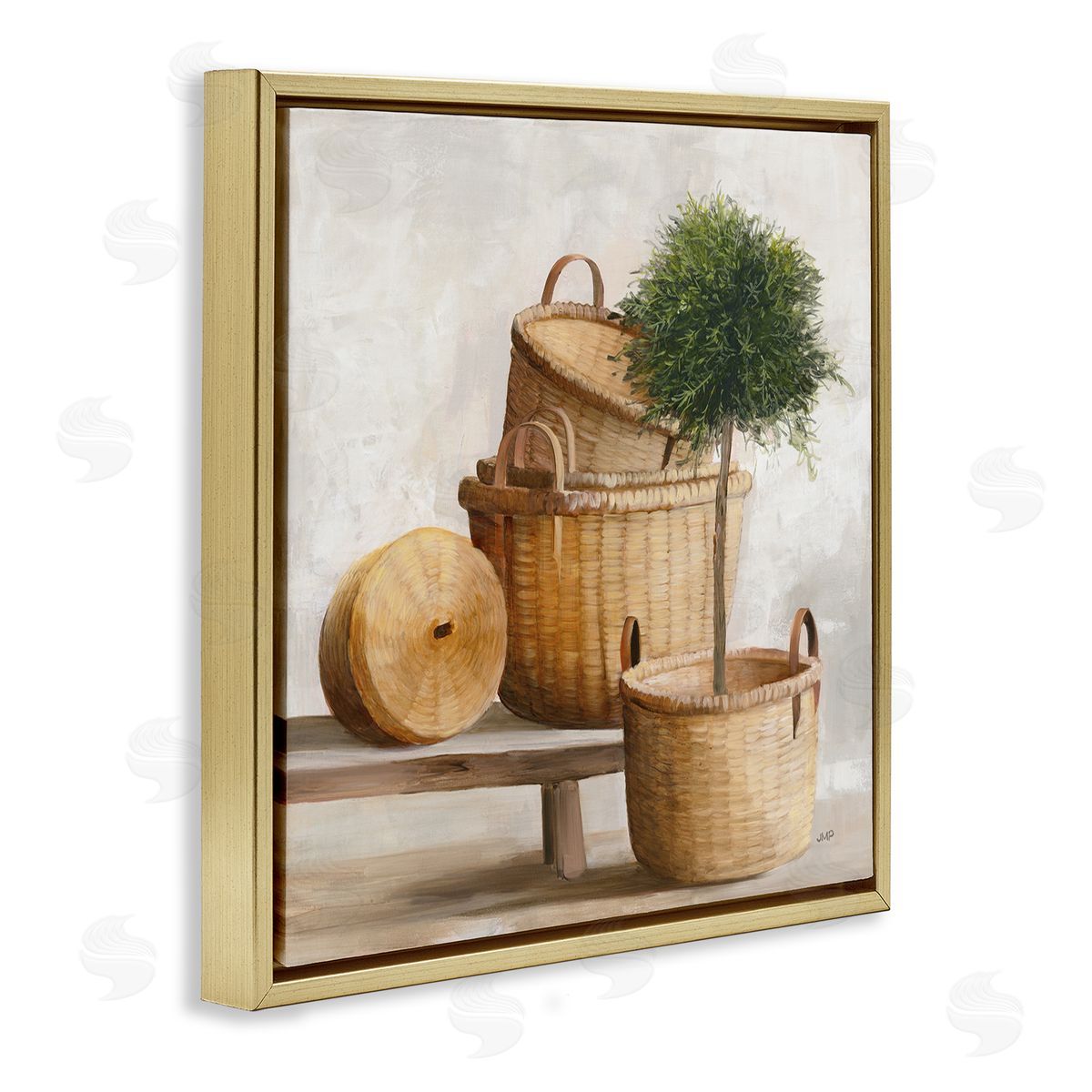 Julia Purinton Traditional Whicker Baskets Stacked Still Life Painting Gold Floating Frame Canvas Wall Art Print