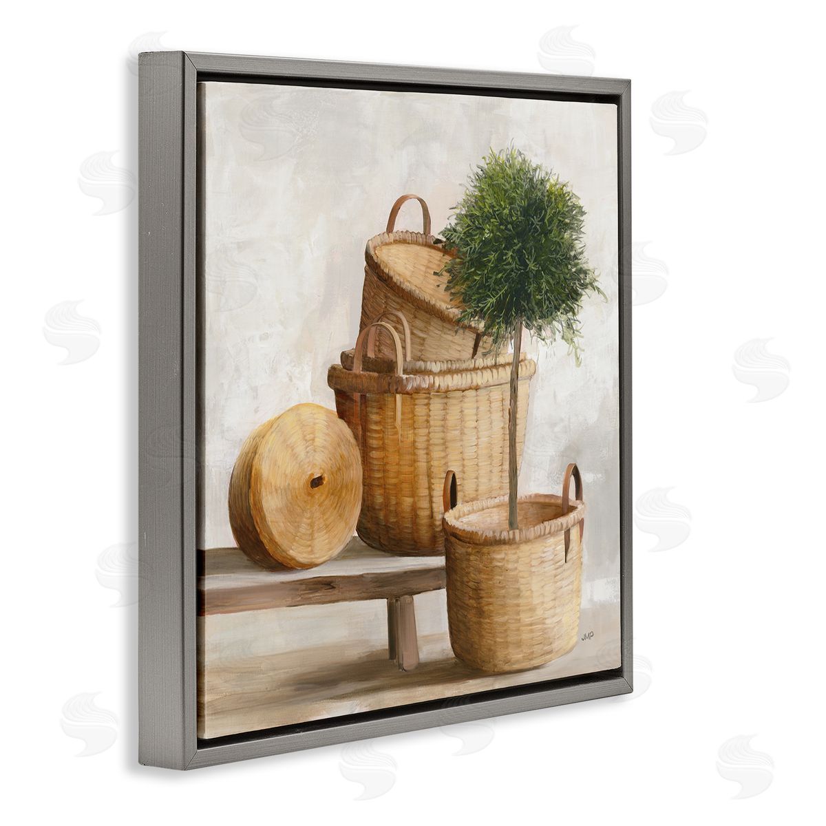 Julia Purinton Traditional Whicker Baskets Stacked Still Life Painting Gray Floating Frame Canvas Wall Art Print