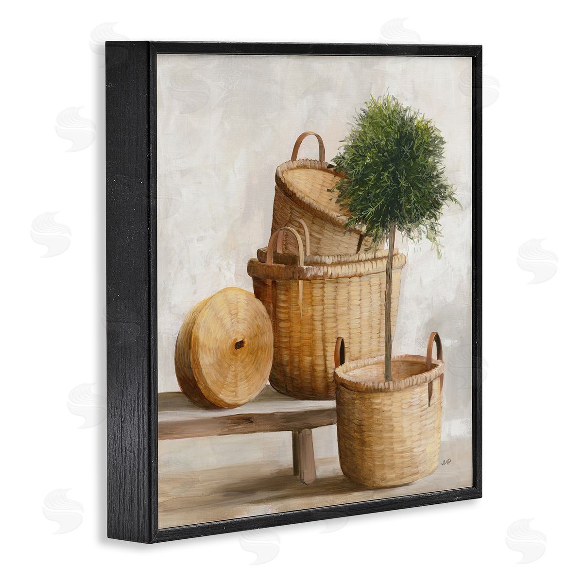 Julia Purinton Traditional Whicker Baskets Stacked Still Life Painting Black Framed Glicee Wall Art Print