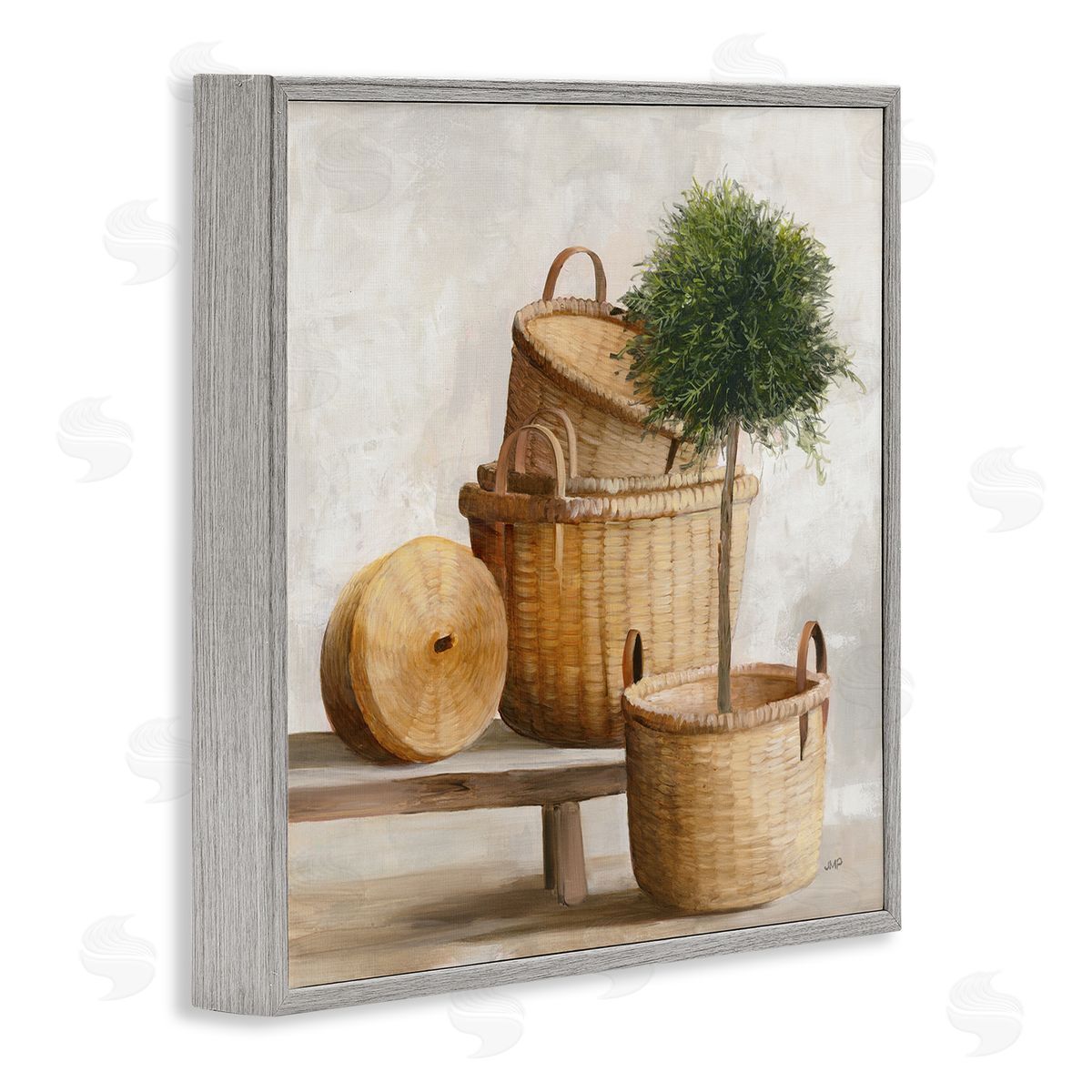 Julia Purinton Traditional Whicker Baskets Stacked Still Life Painting Gray Framed Glicee Wall Art Print