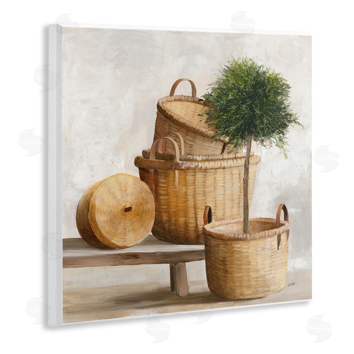 Julia Purinton Traditional Whicker Baskets Stacked Still Life Painting Wooden Wall Plaque Art Print
