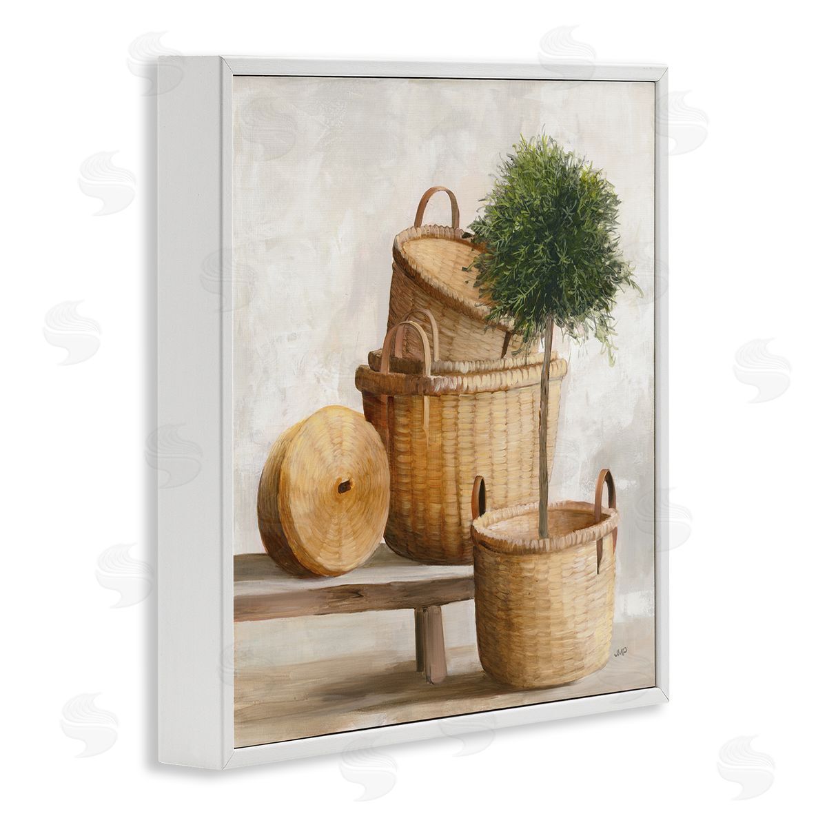 Julia Purinton Traditional Whicker Baskets Stacked Still Life Painting White Framed Glicee Wall Art Print