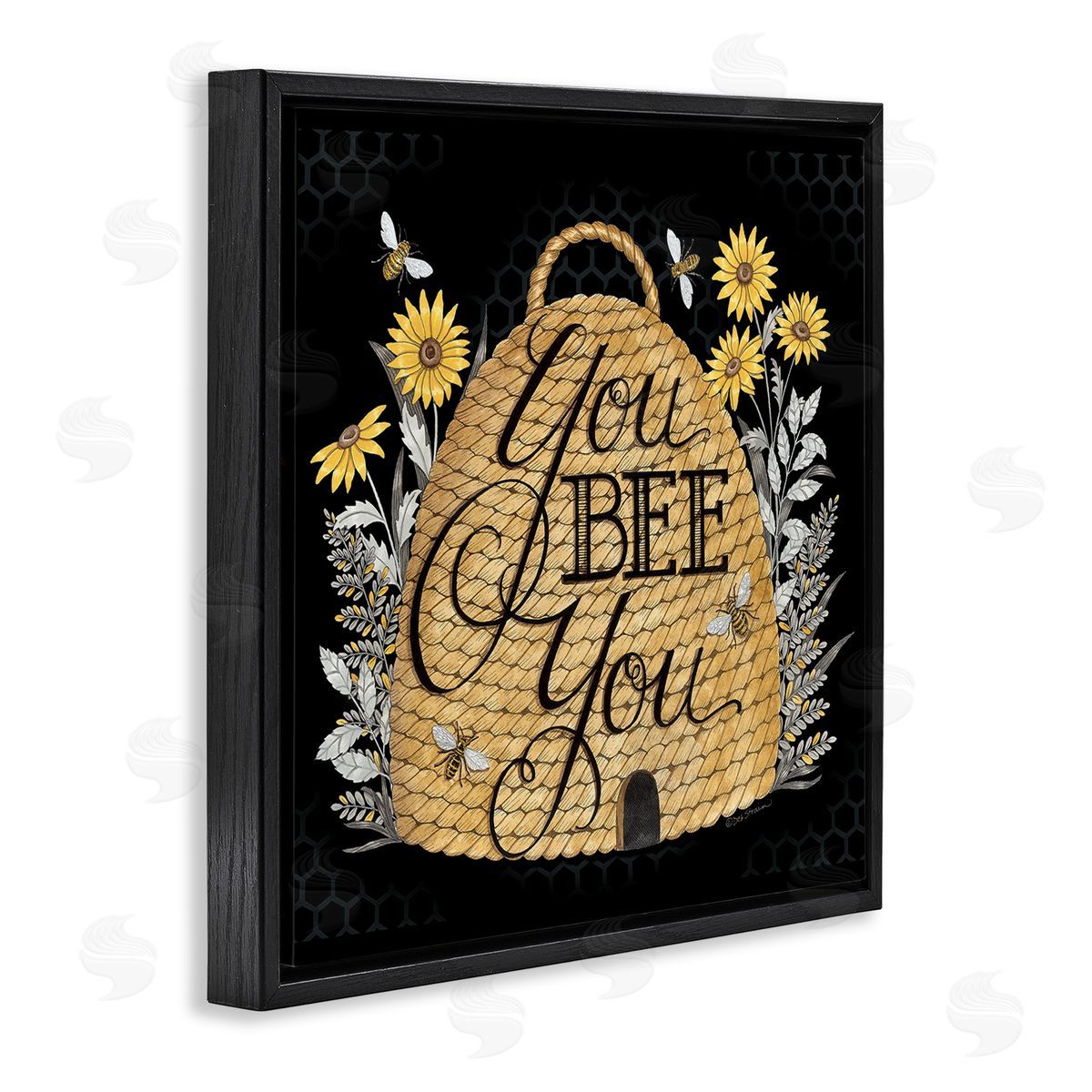 Deb Strain You Bee You Motivational Phrase Vintage Whicker Beehive Black Floating Frame Canvas Wall Art Print