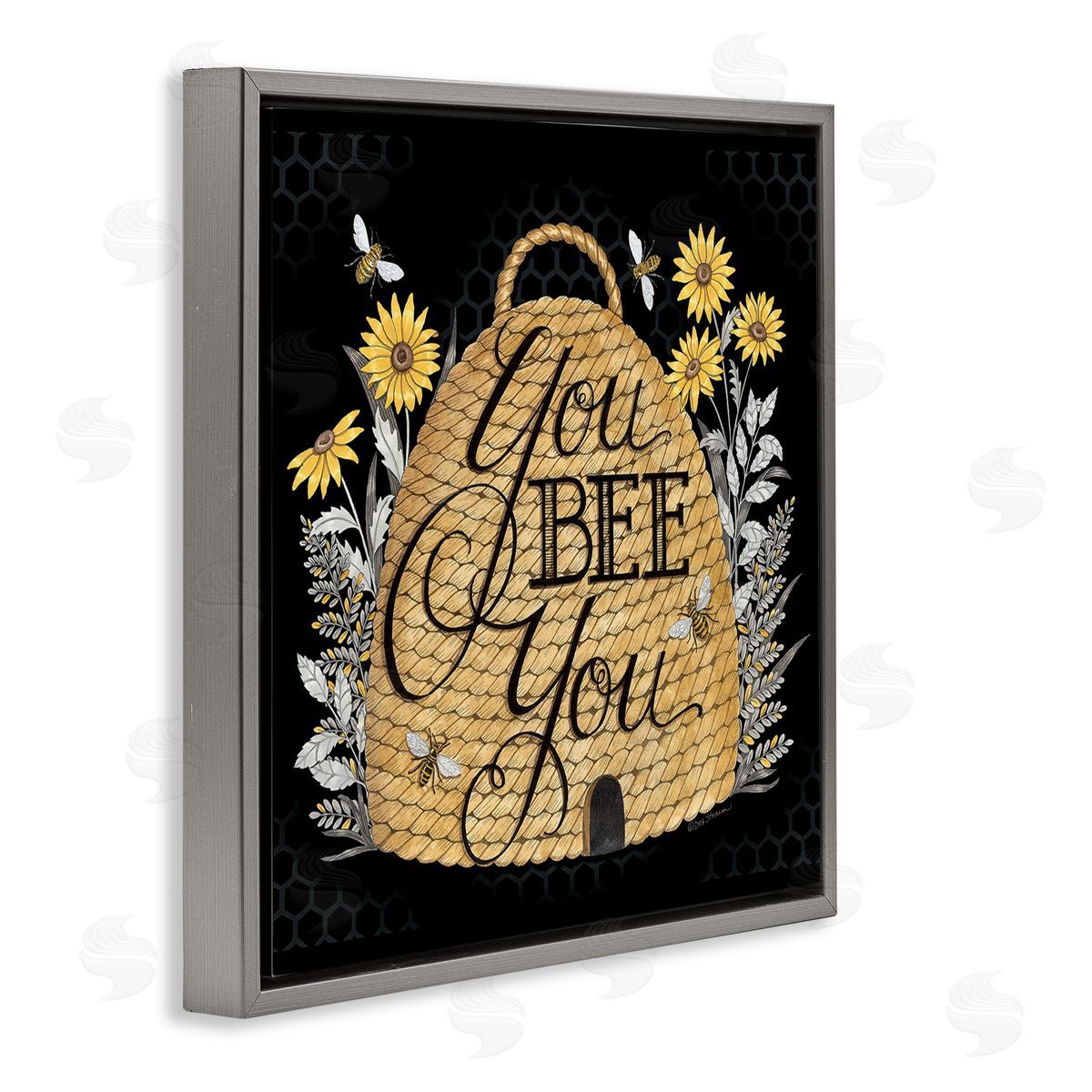 Deb Strain You Bee You Motivational Phrase Vintage Whicker Beehive Gray Floating Frame Canvas Wall Art Print