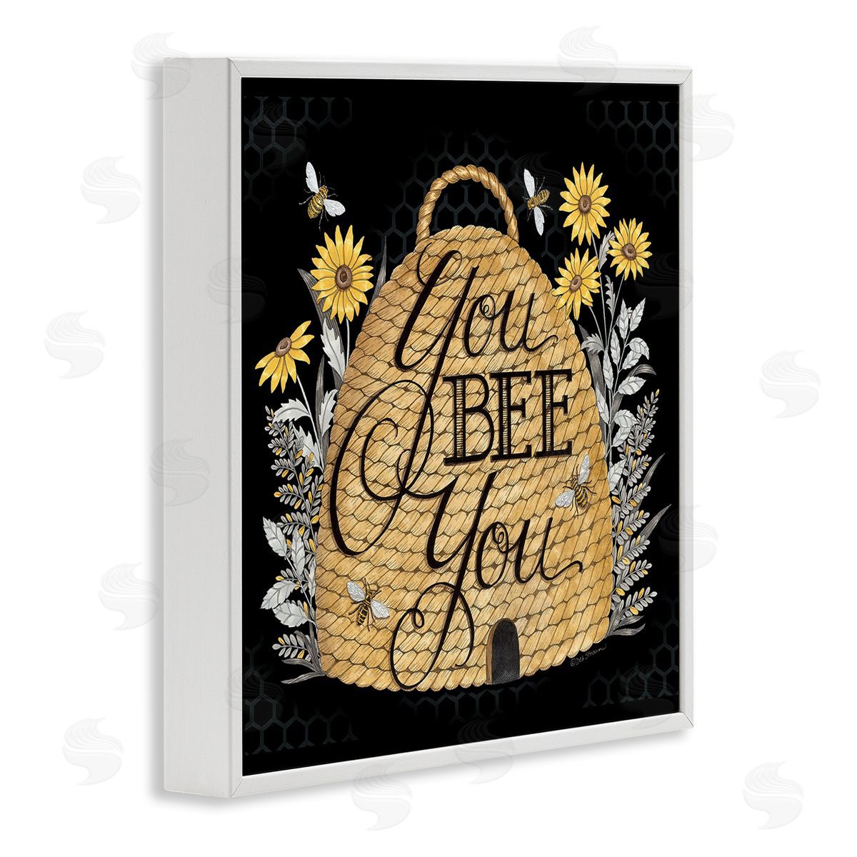 Deb Strain You Bee You Motivational Phrase Vintage Whicker Beehive White Framed Glicee Wall Art Print