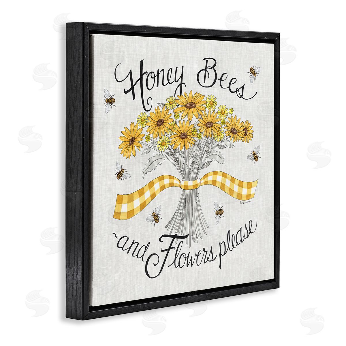 Deb Strain Honey Bees Flowers Please Phrase Vintage Yellow Daisies Black Floating Frame Canvas Wall Art Print