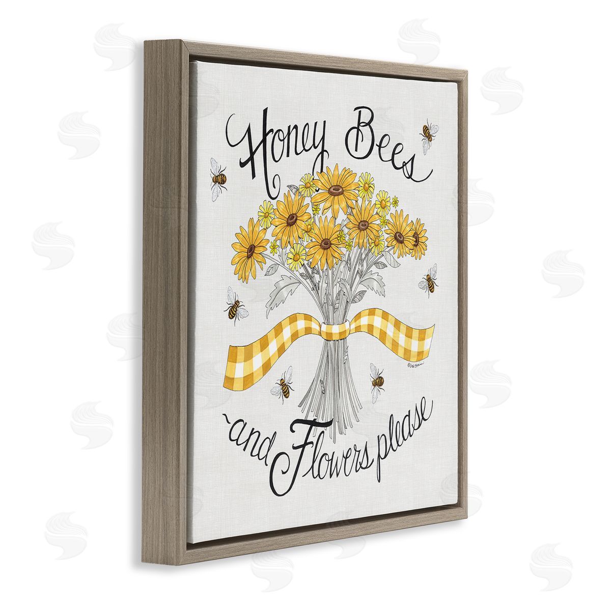 Deb Strain Honey Bees Flowers Please Phrase Vintage Yellow Daisies Brown Floating Frame Canvas Wall Art Print