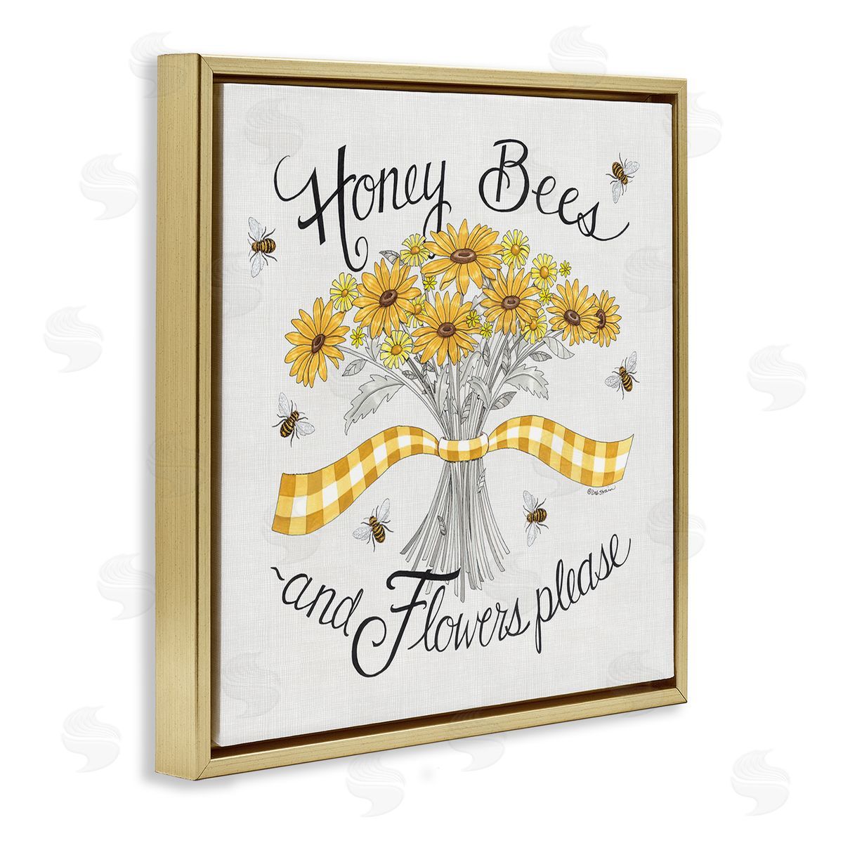 Deb Strain Honey Bees Flowers Please Phrase Vintage Yellow Daisies Gold Floating Frame Canvas Wall Art Print