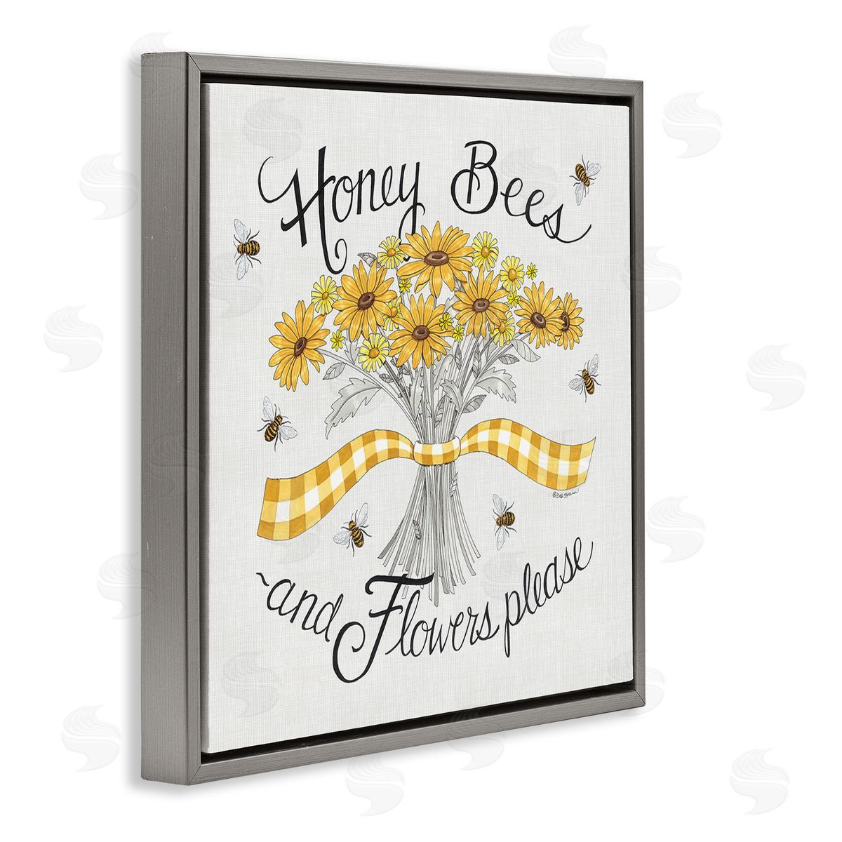 Deb Strain Honey Bees Flowers Please Phrase Vintage Yellow Daisies Gray Floating Frame Canvas Wall Art Print