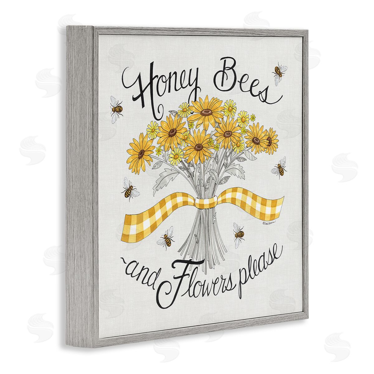 Deb Strain Honey Bees Flowers Please Phrase Vintage Yellow Daisies Gray Framed Glicee Wall Art Print