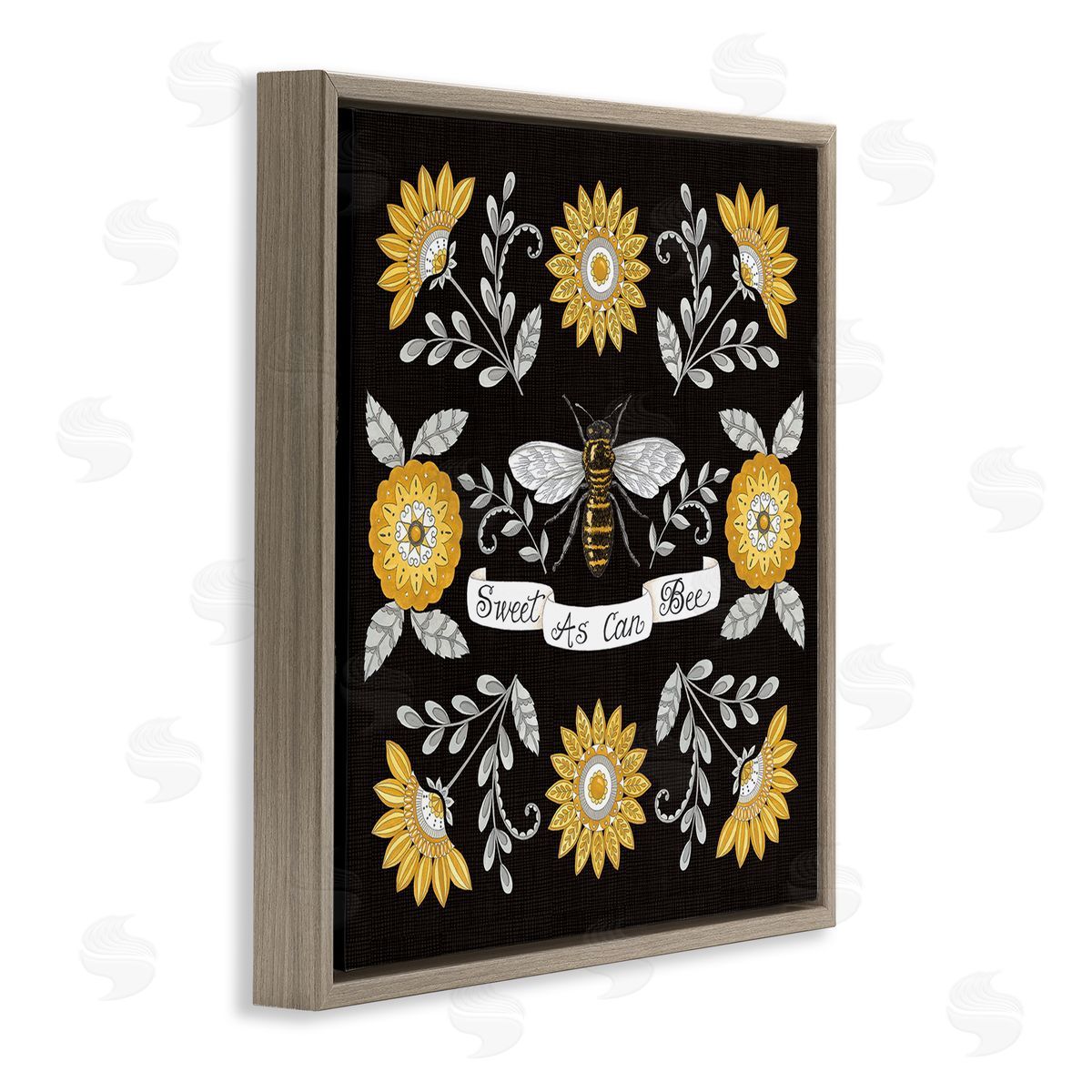 Deb Strain Sweet as Can Bee Sentiment Vintage Floral Pattern Brown Floating Frame Canvas Wall Art Print