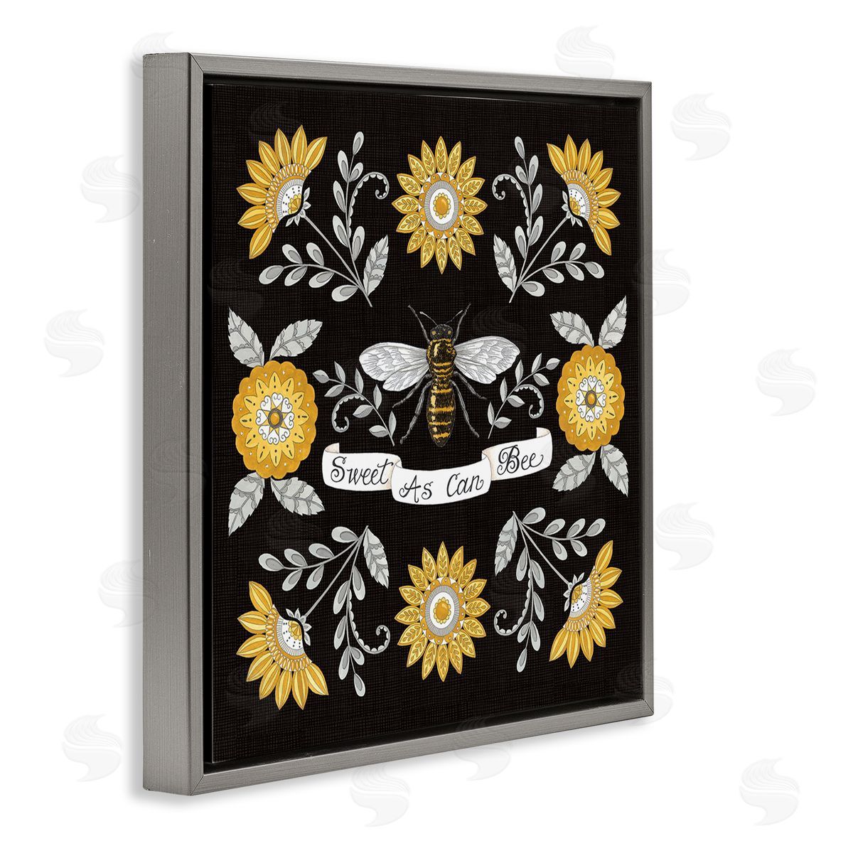 Deb Strain Sweet as Can Bee Sentiment Vintage Floral Pattern Gray Floating Frame Canvas Wall Art Print