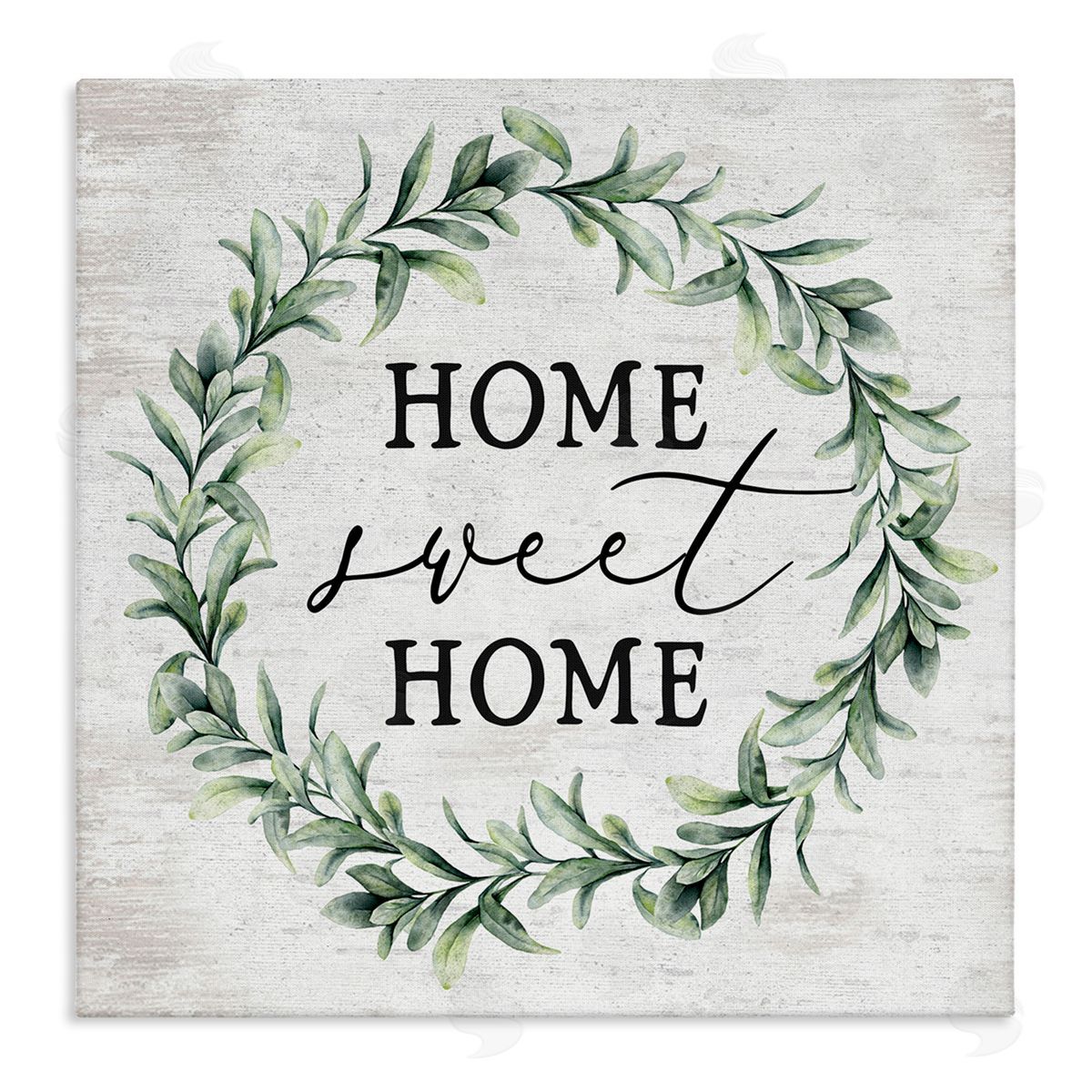 Lettered and Lined Home Sweet Home Sentiment Green Botanical Farmhouse Wreath Stretched Canvas Wall Art Print