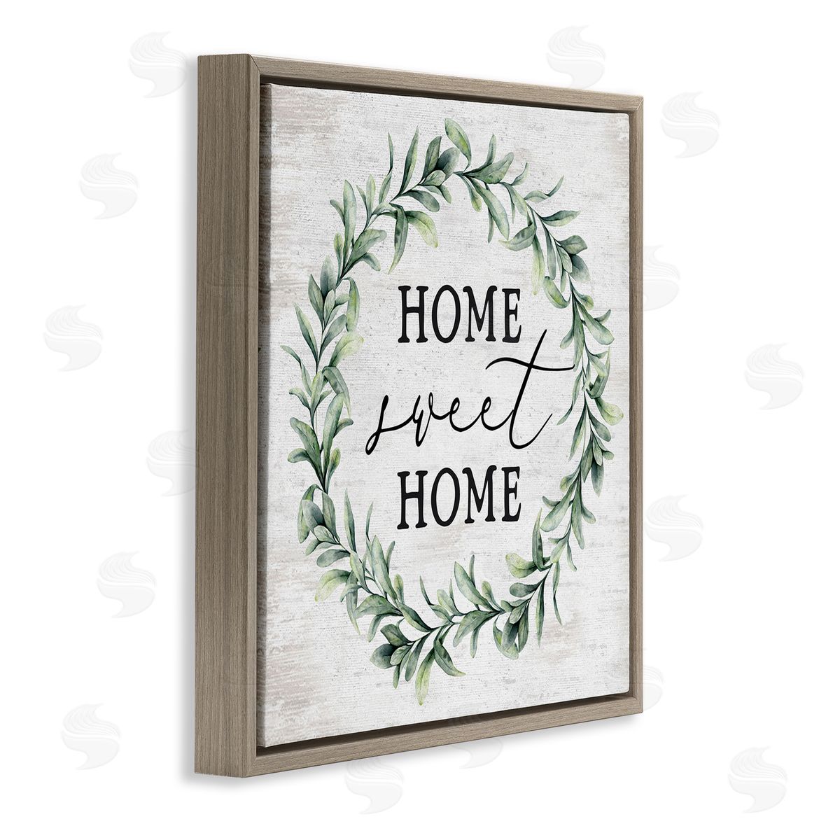 Lettered and Lined Home Sweet Home Sentiment Green Botanical Farmhouse Wreath Brown Floating Frame Canvas Wall Art Print