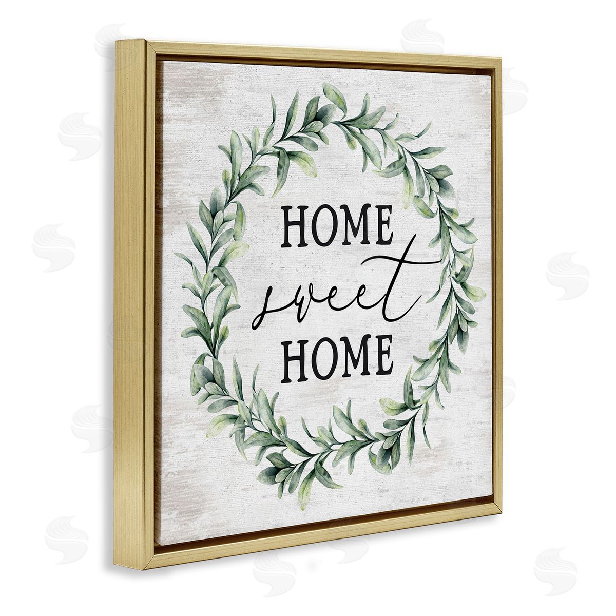 Lettered and Lined Home Sweet Home Sentiment Green Botanical Farmhouse Wreath Gold Floating Frame Canvas Wall Art Print