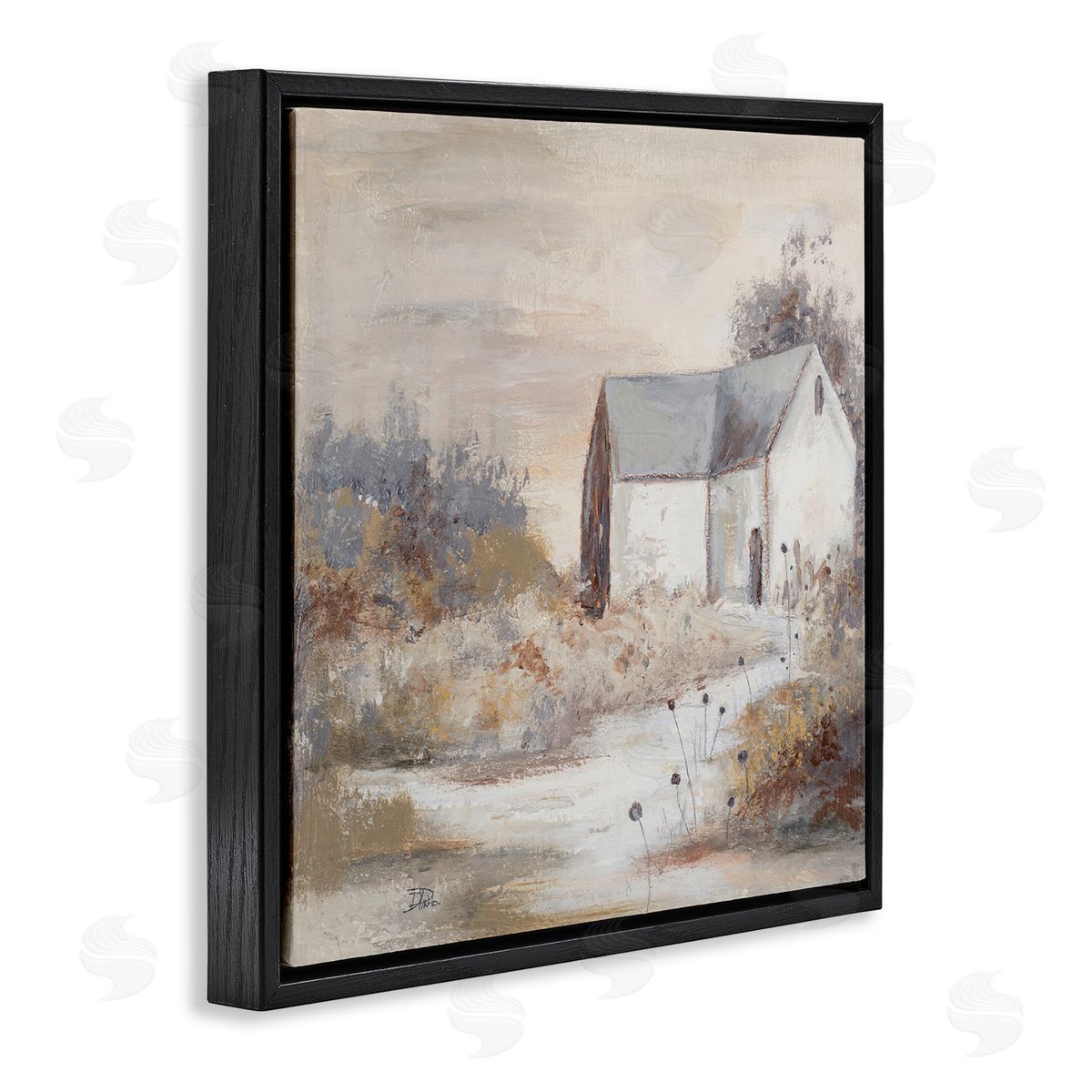 Patricia Pinto Country Cottage with Tall Grass Traditional Painting Black Floating Frame Canvas Wall Art Print
