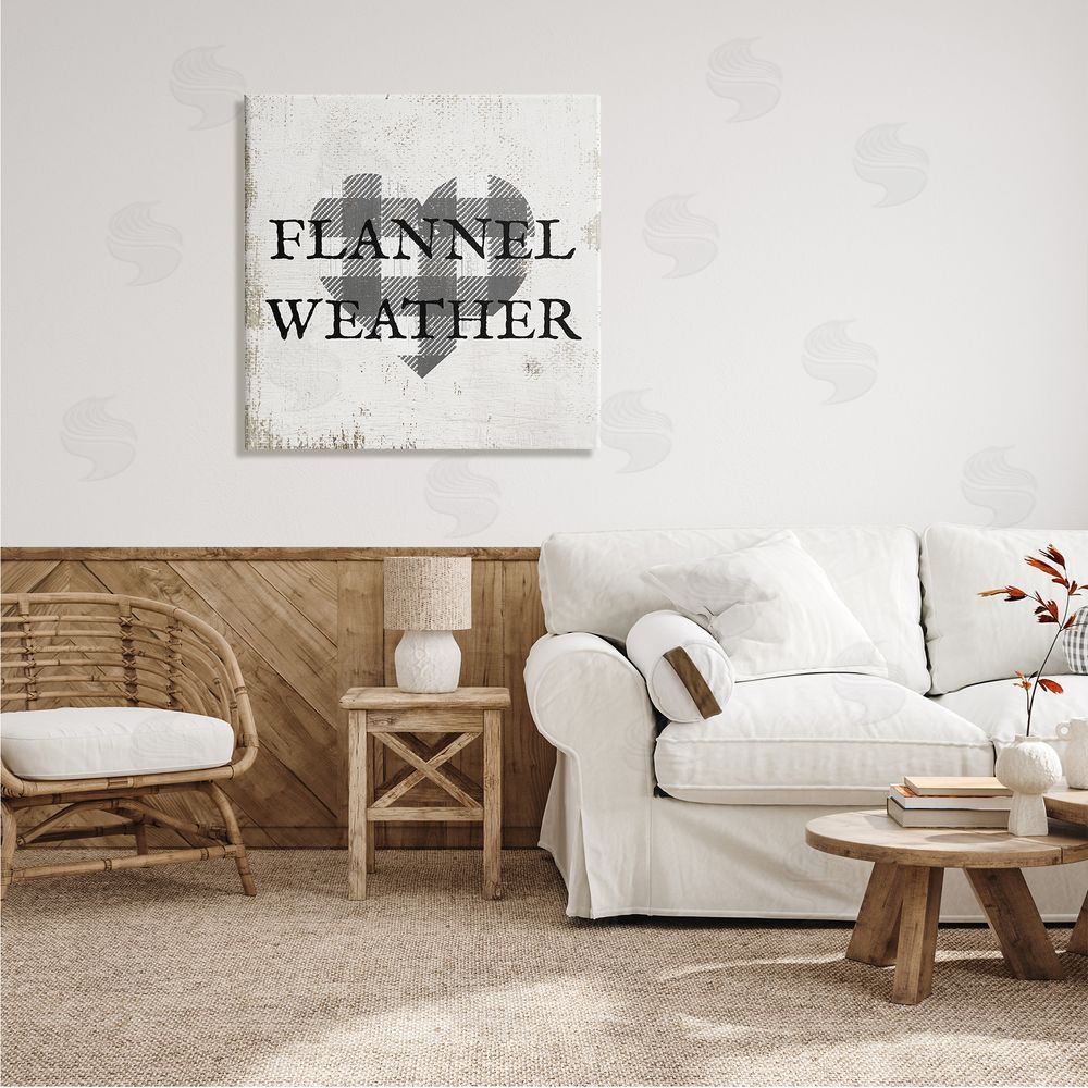 Stupell Studio Flannel Weather Phrase Patchwork Plaid Heart Distressed Pattern Canvas Wall Art in Room