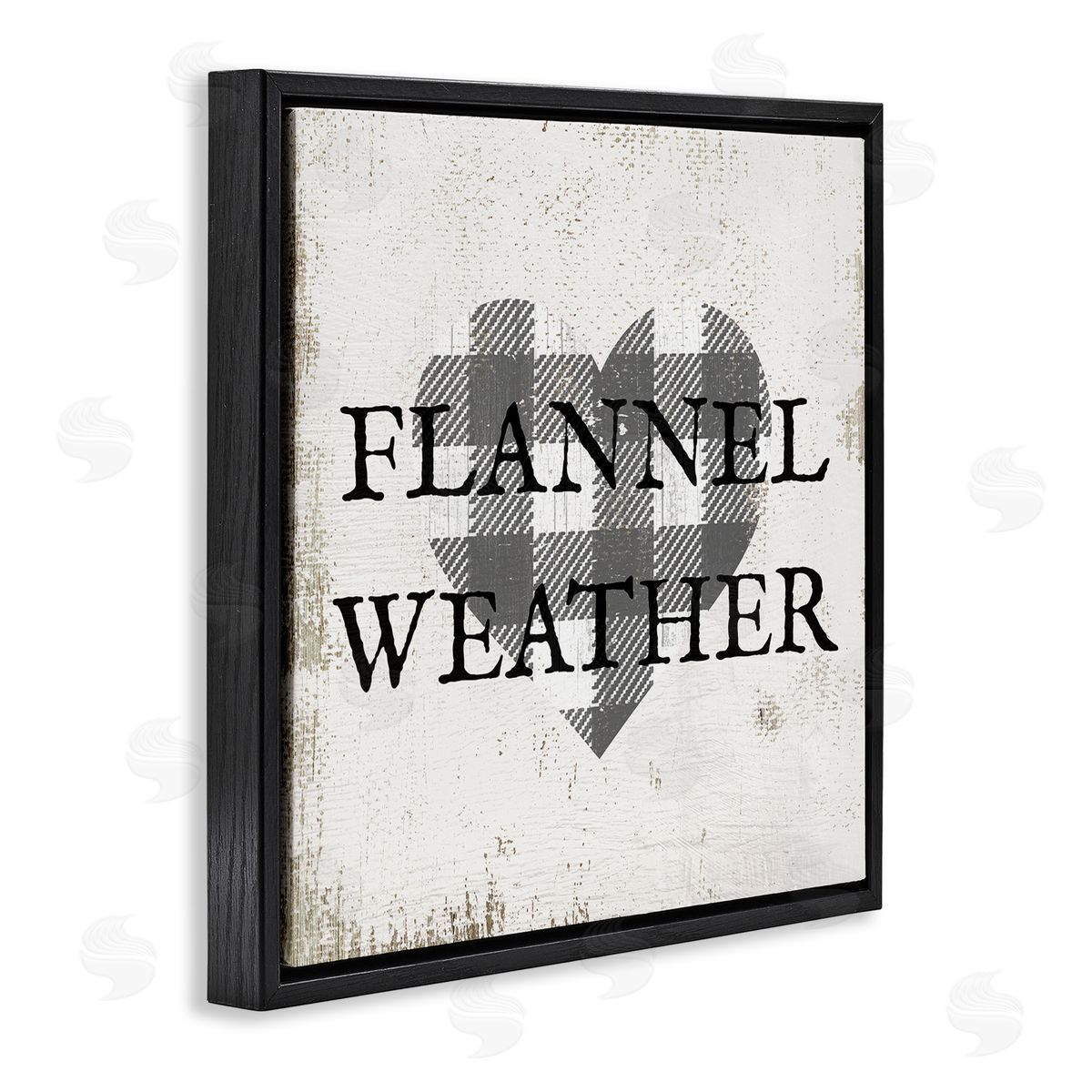 Stupell Studio Flannel Weather Phrase Patchwork Plaid Heart Distressed Pattern Black Floating Frame Canvas Wall Art Print