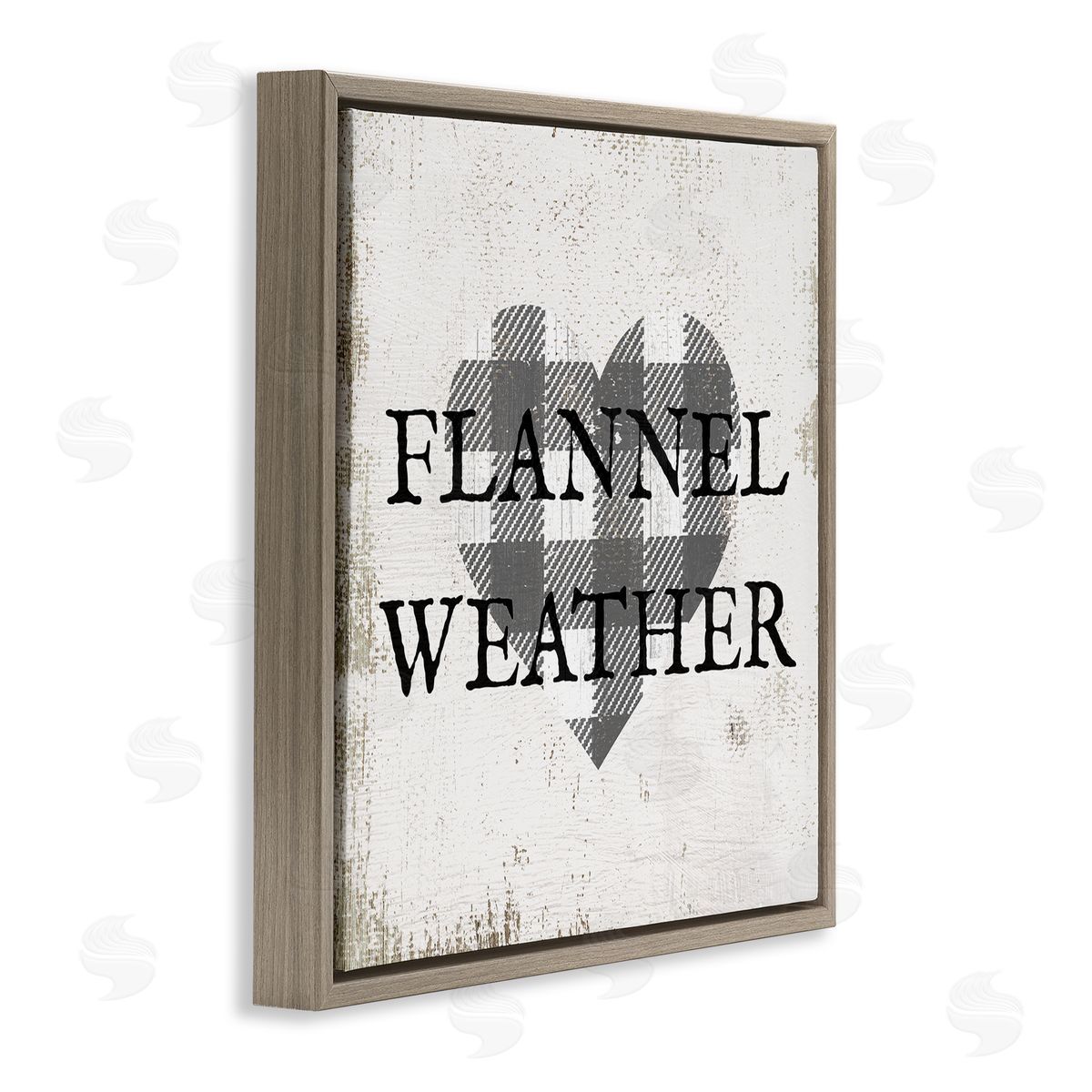 Stupell Studio Flannel Weather Phrase Patchwork Plaid Heart Distressed Pattern Brown Floating Frame Canvas Wall Art Print