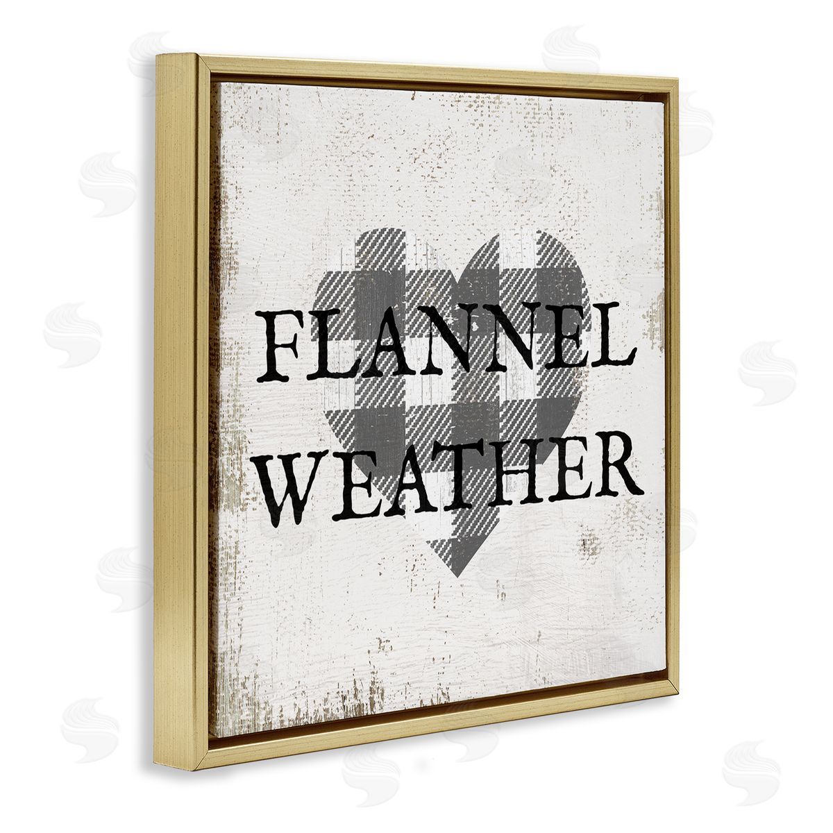 Stupell Studio Flannel Weather Phrase Patchwork Plaid Heart Distressed Pattern Gold Floating Frame Canvas Wall Art Print