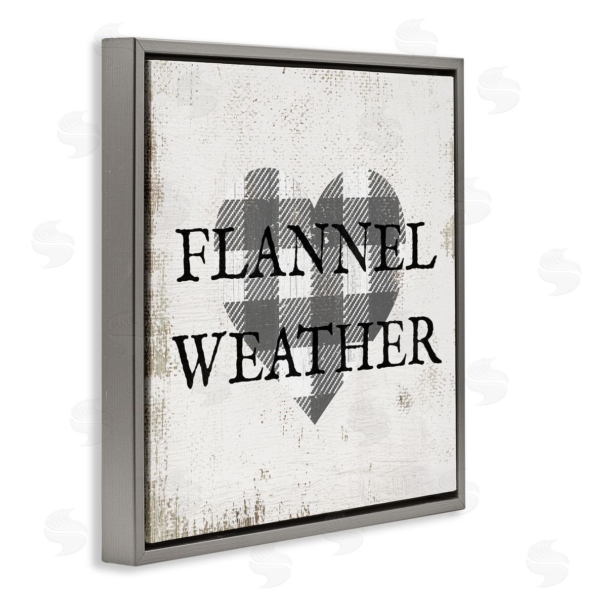 Stupell Studio Flannel Weather Phrase Patchwork Plaid Heart Distressed Pattern Gray Floating Frame Canvas Wall Art Print