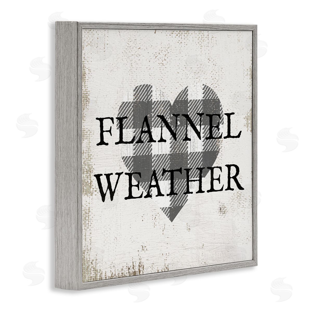 Stupell Studio Flannel Weather Phrase Patchwork Plaid Heart Distressed Pattern Gray Framed Glicee Wall Art Print