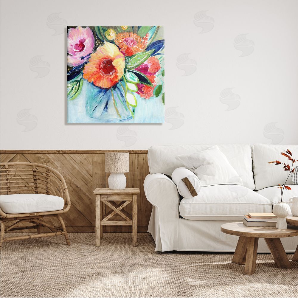 Janet Tava Bold Flower Bloom Bouquet Blue Orange Pink Arrangement Canvas Wall Art in Room