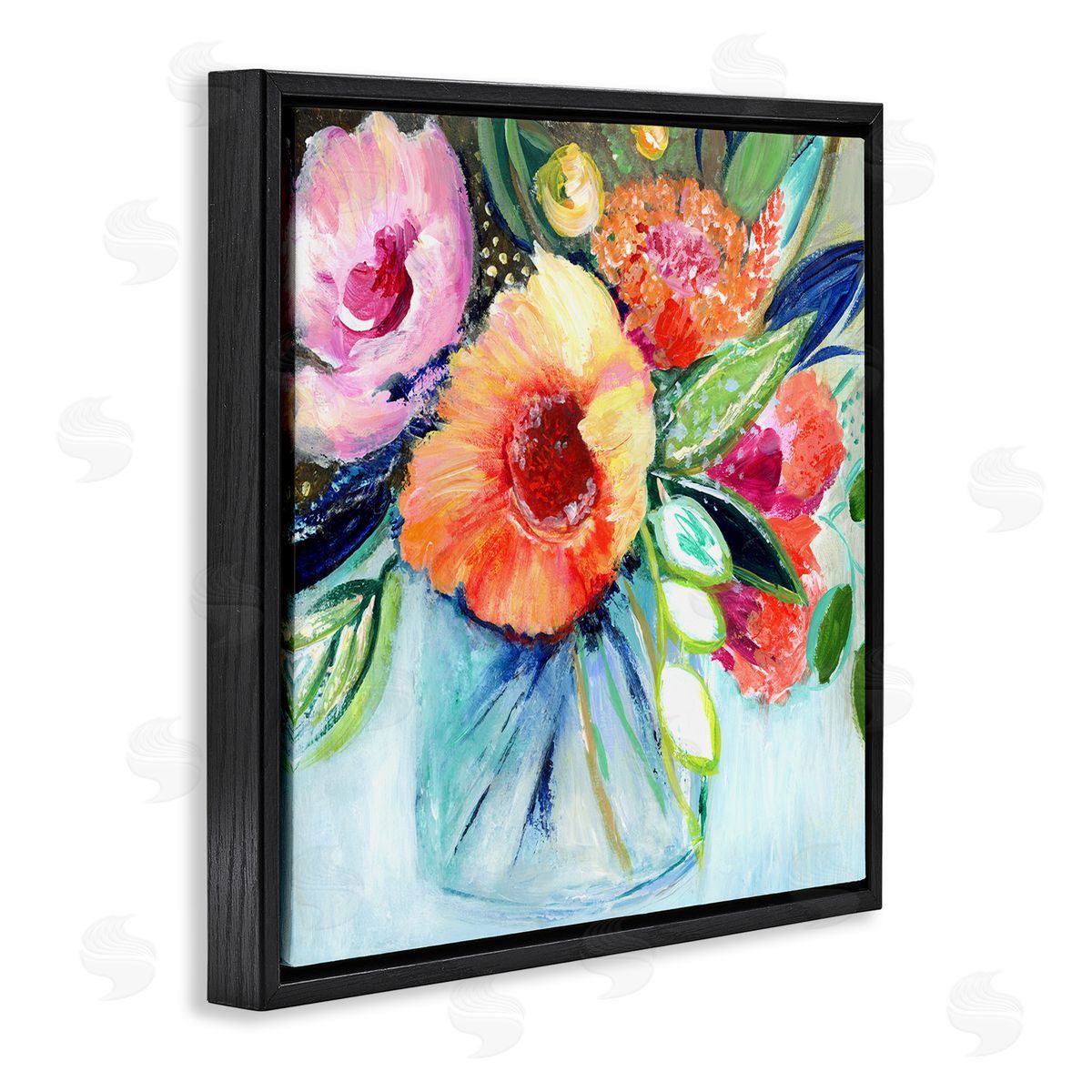 Janet Tava Bold Flower Bloom Bouquet Blue Orange Pink Arrangement Black Floating Frame Canvas Wall Art Print