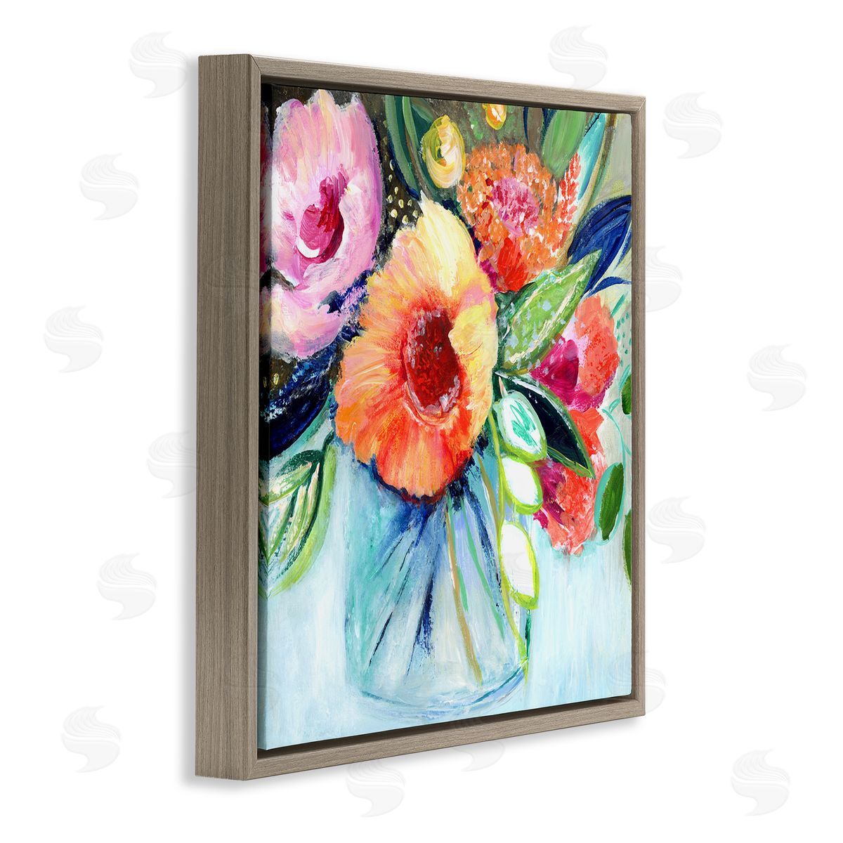 Janet Tava Bold Flower Bloom Bouquet Blue Orange Pink Arrangement Brown Floating Frame Canvas Wall Art Print