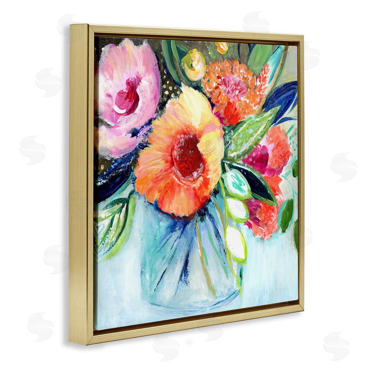 Janet Tava Bold Flower Bloom Bouquet Blue Orange Pink Arrangement Gold Floating Frame Canvas Wall Art Print