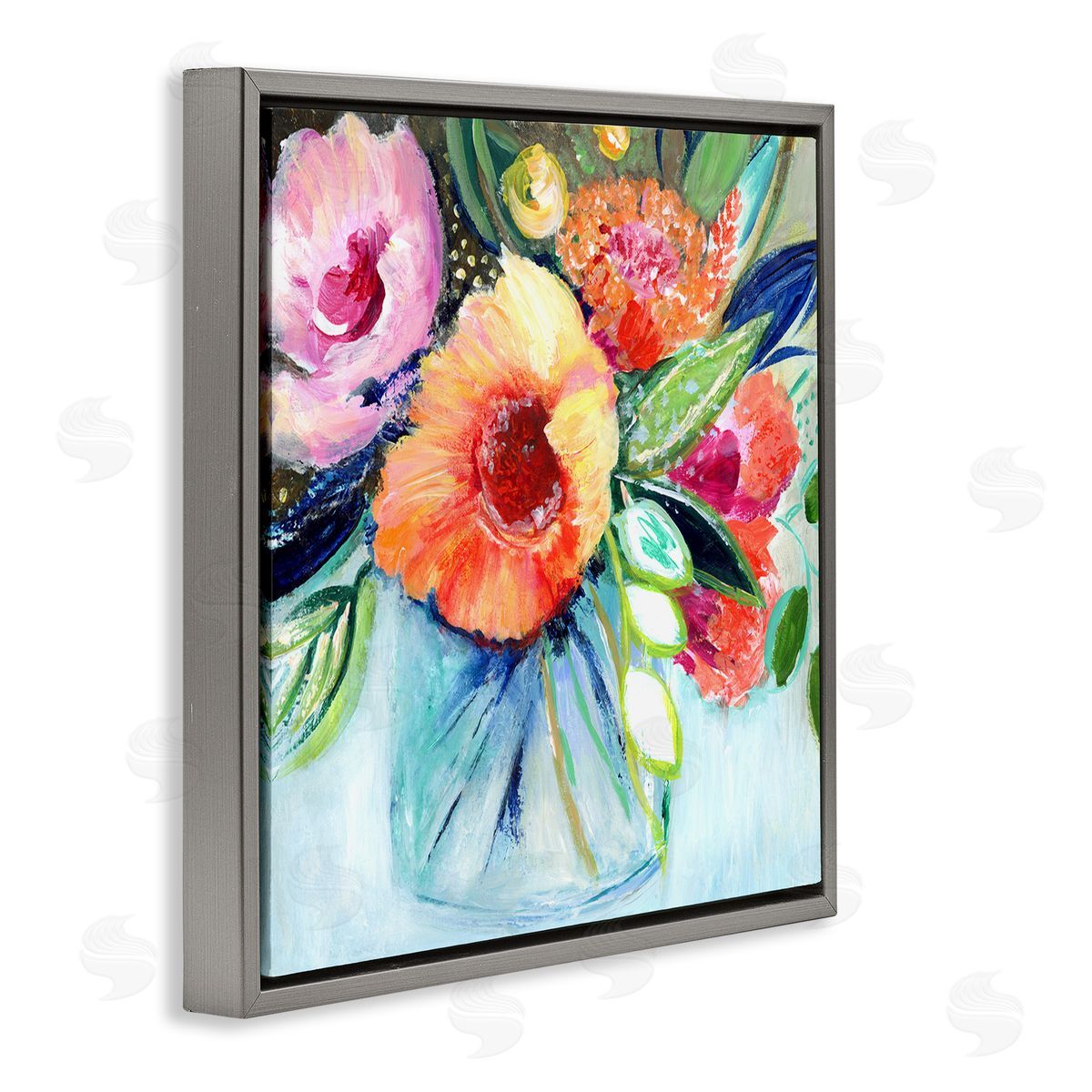 Janet Tava Bold Flower Bloom Bouquet Blue Orange Pink Arrangement Gray Floating Frame Canvas Wall Art Print