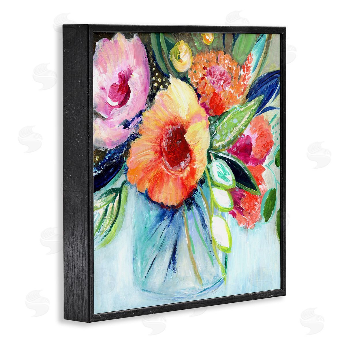 Janet Tava Bold Flower Bloom Bouquet Blue Orange Pink Arrangement Black Framed Glicee Wall Art Print