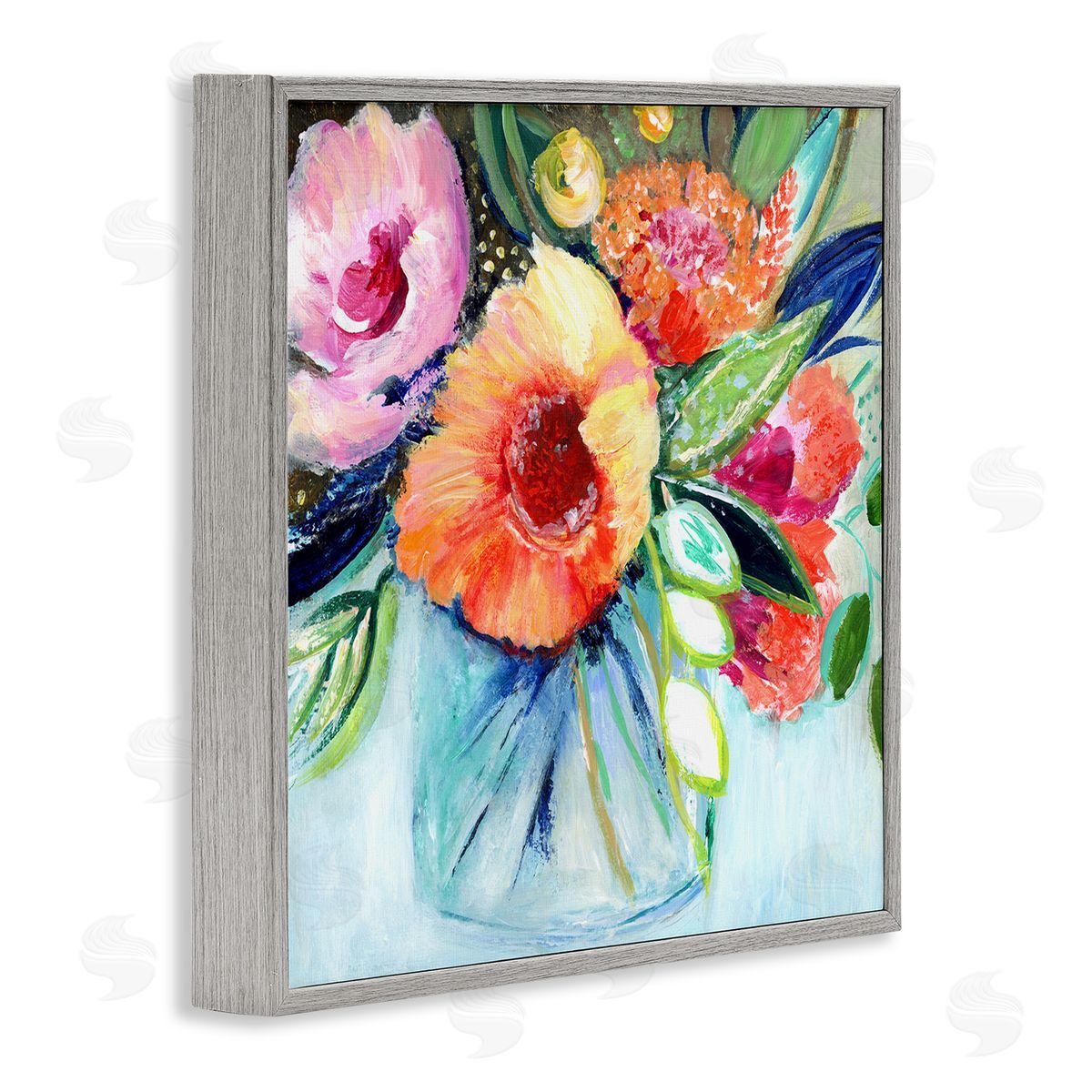 Janet Tava Bold Flower Bloom Bouquet Blue Orange Pink Arrangement Gray Framed Glicee Wall Art Print