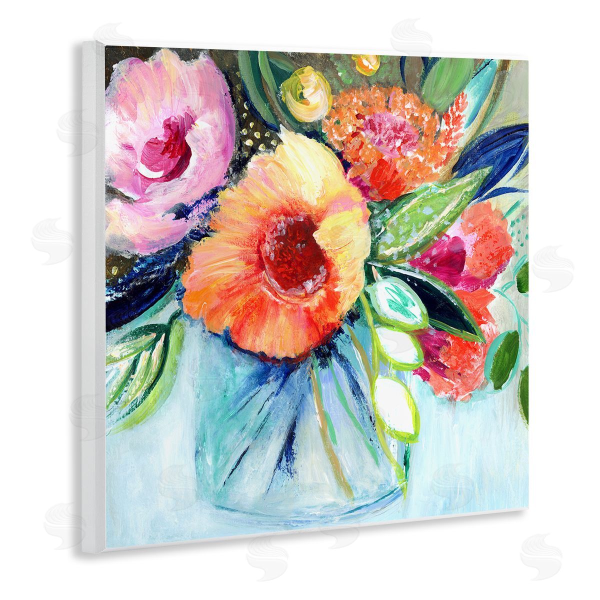 Janet Tava Bold Flower Bloom Bouquet Blue Orange Pink Arrangement Wooden Wall Plaque Art Print