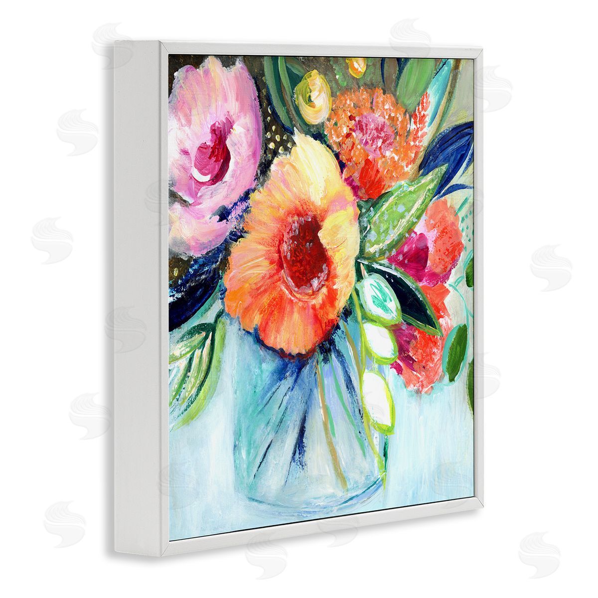 Janet Tava Bold Flower Bloom Bouquet Blue Orange Pink Arrangement White Framed Glicee Wall Art Print