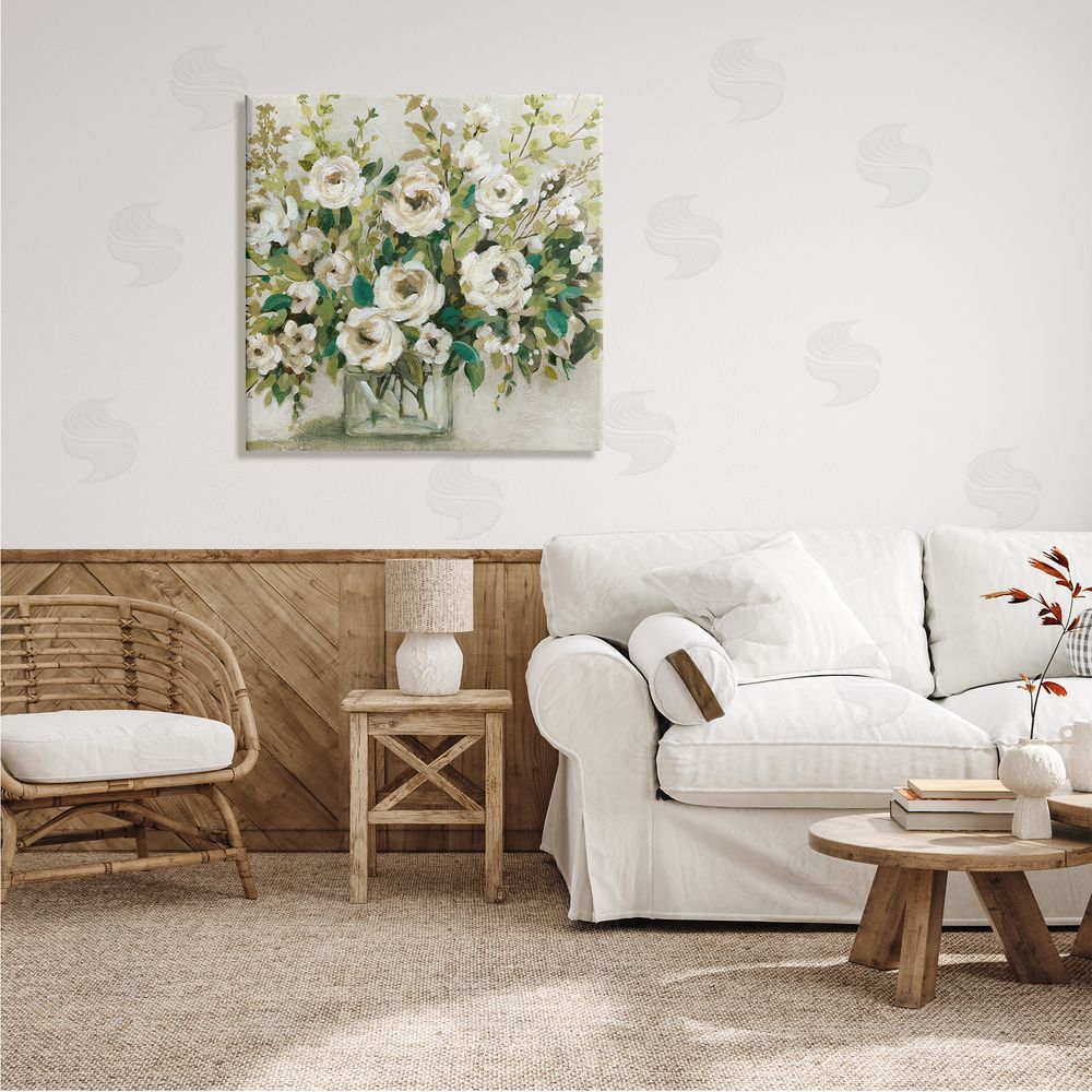 Carol Robinson Abstract White Rose Blossom Bouquet Floral Vase Canvas Wall Art in Room