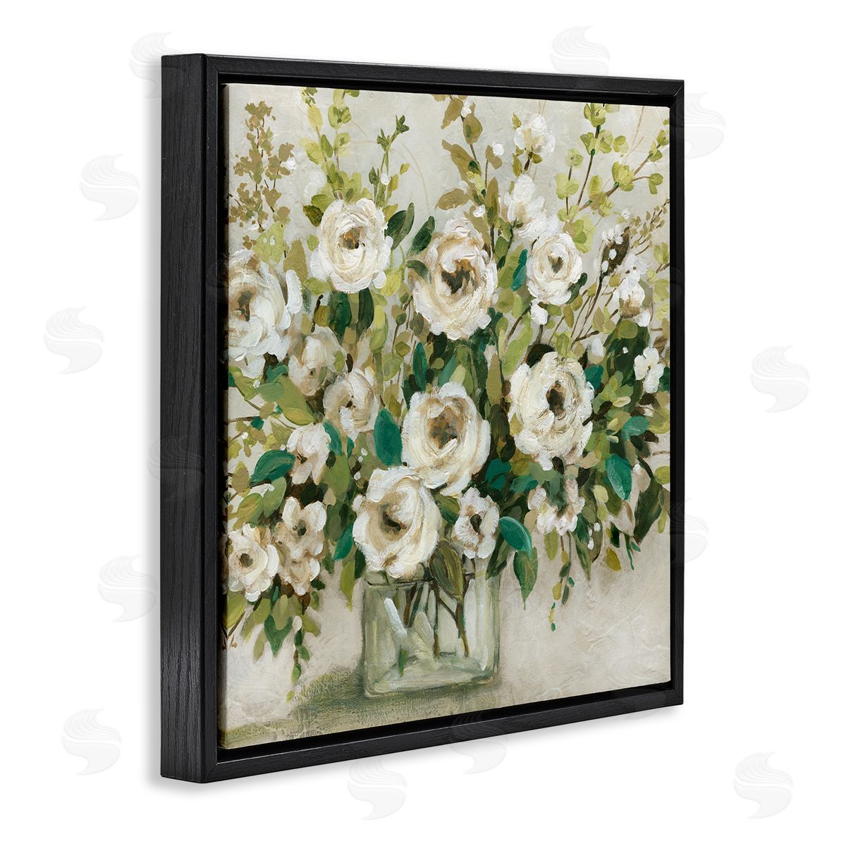 Carol Robinson Abstract White Rose Blossom Bouquet Floral Vase Black Floating Frame Canvas Wall Art Print