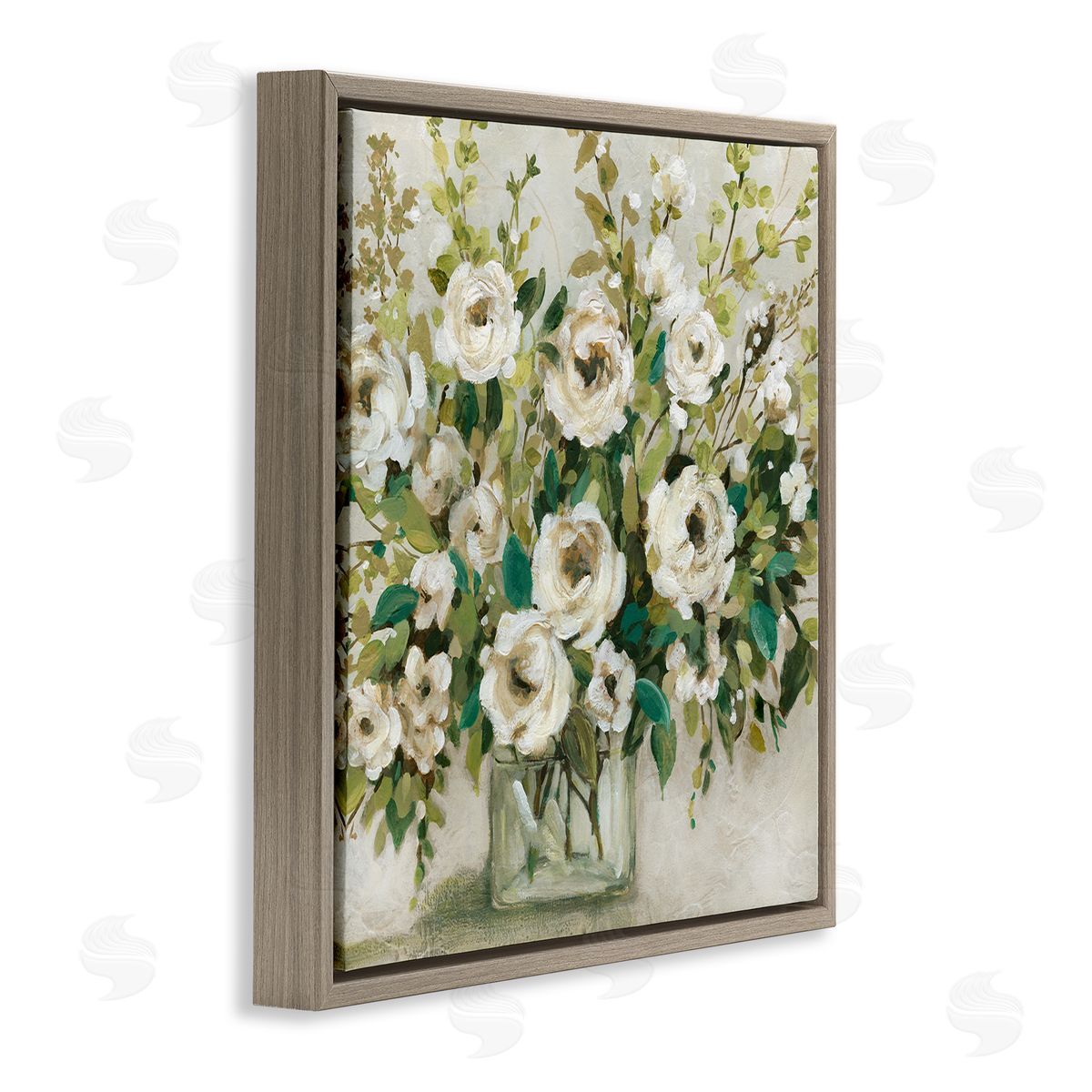Carol Robinson Abstract White Rose Blossom Bouquet Floral Vase Brown Floating Frame Canvas Wall Art Print