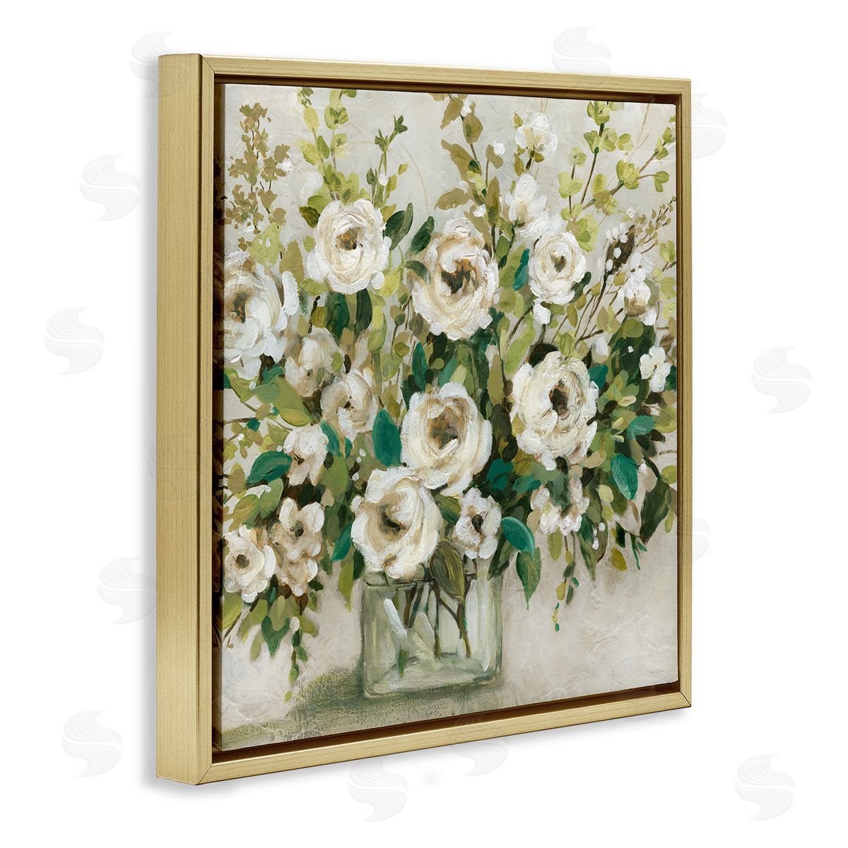 Carol Robinson Abstract White Rose Blossom Bouquet Floral Vase Gold Floating Frame Canvas Wall Art Print