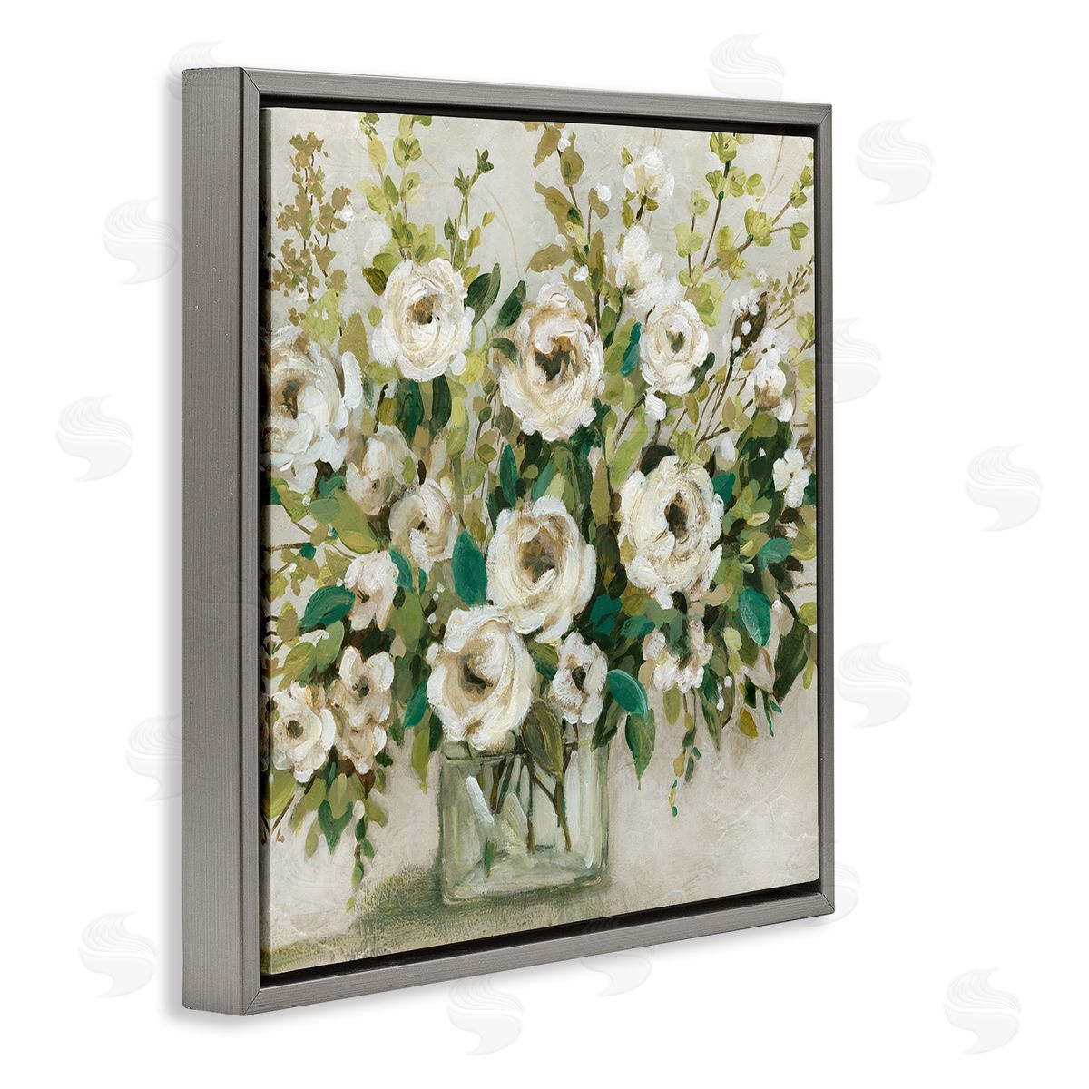 Carol Robinson Abstract White Rose Blossom Bouquet Floral Vase Gray Floating Frame Canvas Wall Art Print
