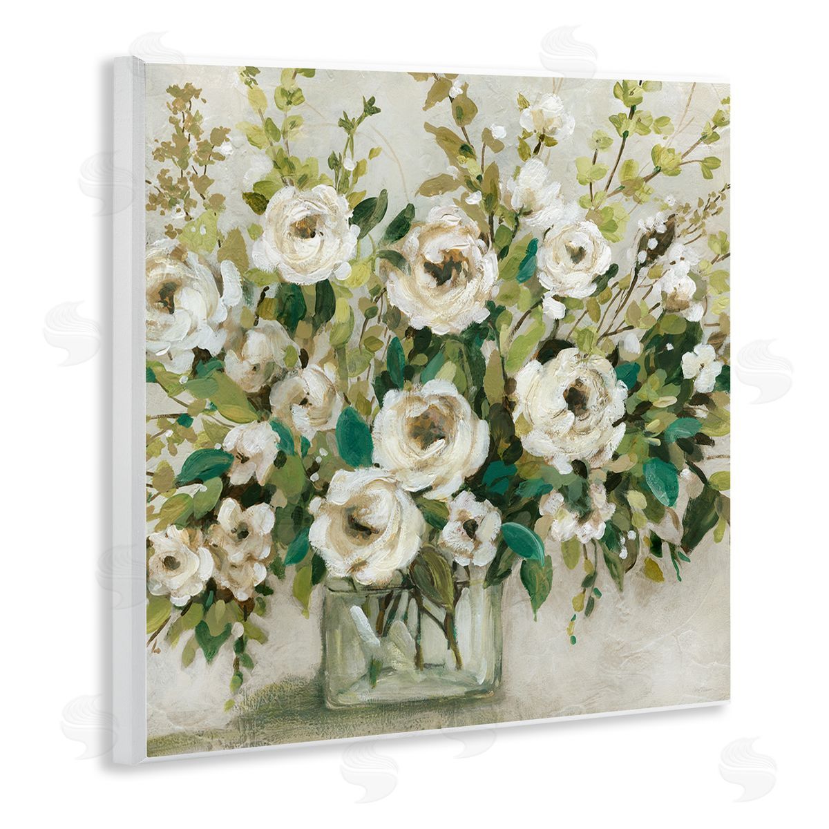 Carol Robinson Abstract White Rose Blossom Bouquet Floral Vase Wooden Wall Plaque Art Print