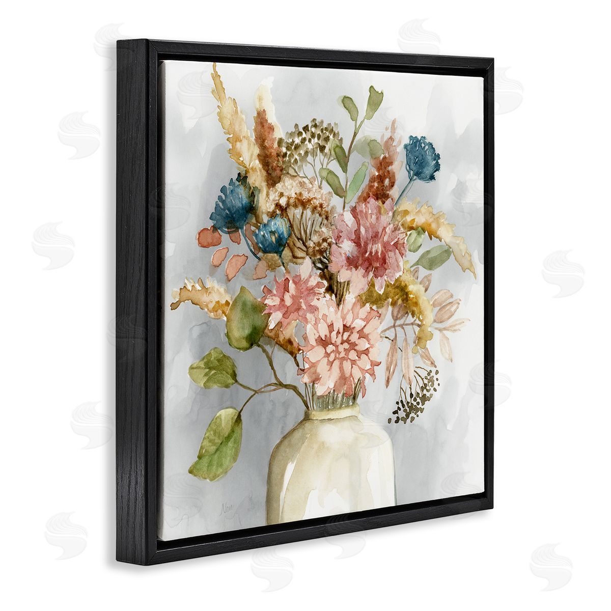 Wildflower Watercolor Bouquet Black Floating Frame Canvas Wall Art, Home Decor by Nan
