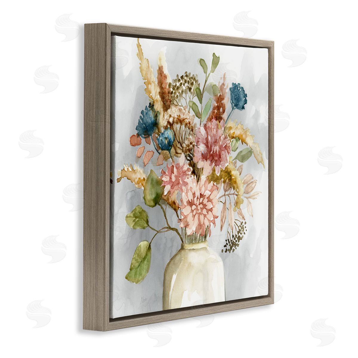 Wildflower Watercolor Bouquet Brown Floating Frame Canvas Wall Art, Home Decor by Nan