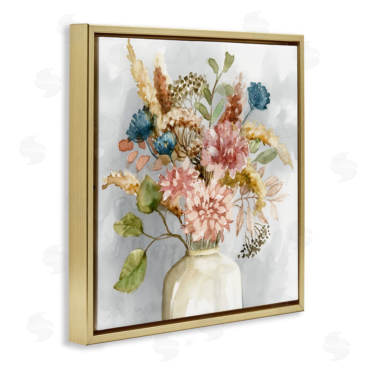 Wildflower Watercolor Bouquet Gold Floating Frame Canvas Wall Art, Home Decor by Nan