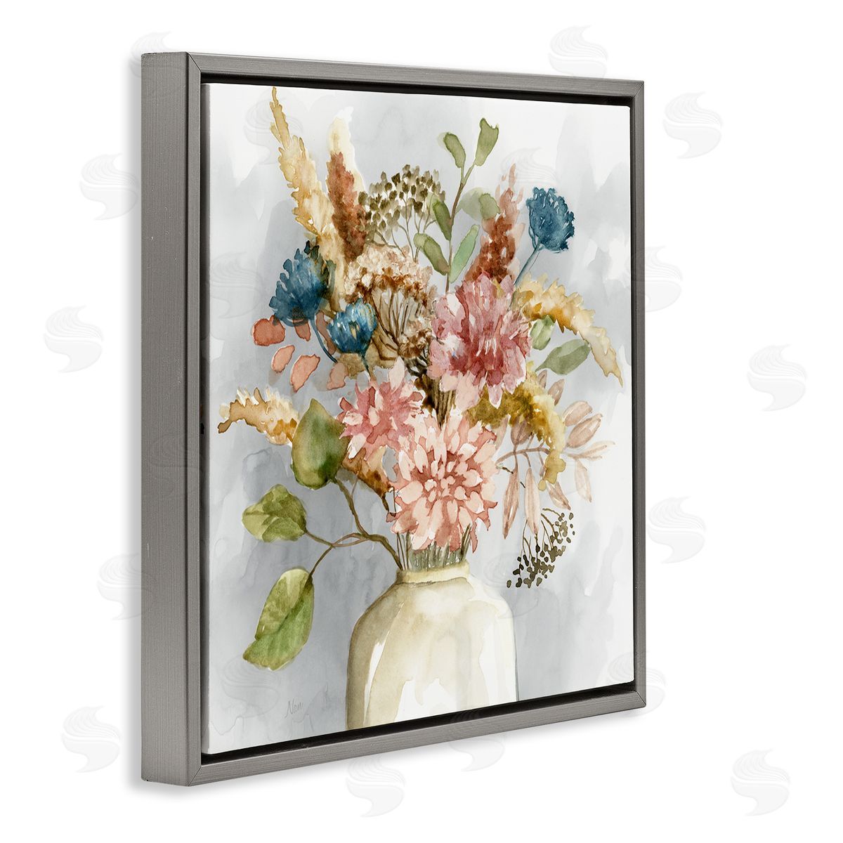 Wildflower Watercolor Bouquet Grey Floating Frame Canvas Wall Art, Home Decor by Nan