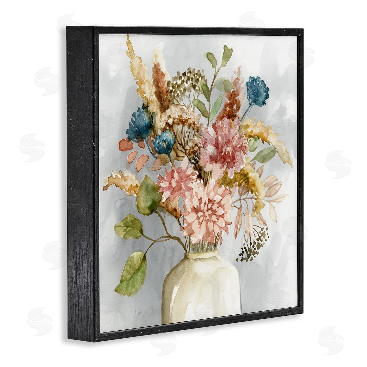 Wildflower Watercolor Bouquet Black Frame Print Wall Art, Home Decor by Nan