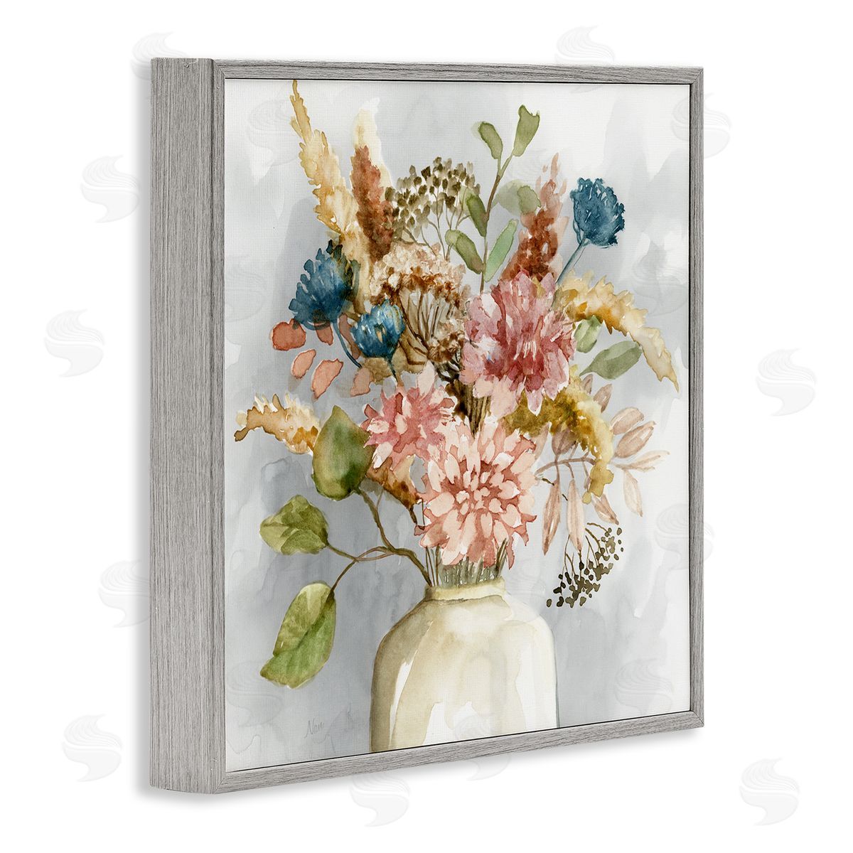 Wildflower Watercolor Bouquet Grey Frame Print Wall Art, Home Decor by Nan